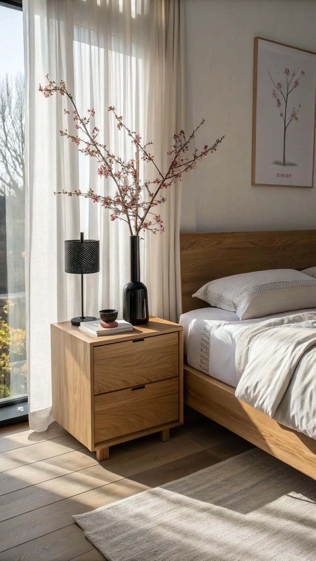 Minimalist 12x14ft Japandi-style bedroom bathed in morning light with oak nightstand, platform bed, and handcrafted paper lamp, featuring warm oak, soft whites, pale grey, and blush pink color palette.