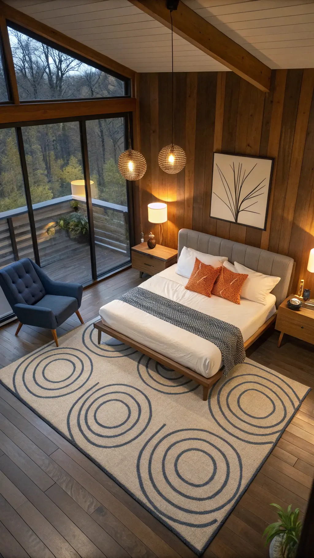 Overhead view of a 16x18ft mid-century bedroom at dusk featuring Danish modern bed with white linens and orange pillows, cream and charcoal wool rug, Nelson bubble pendant lamps, and blue accent chair in reading nook.