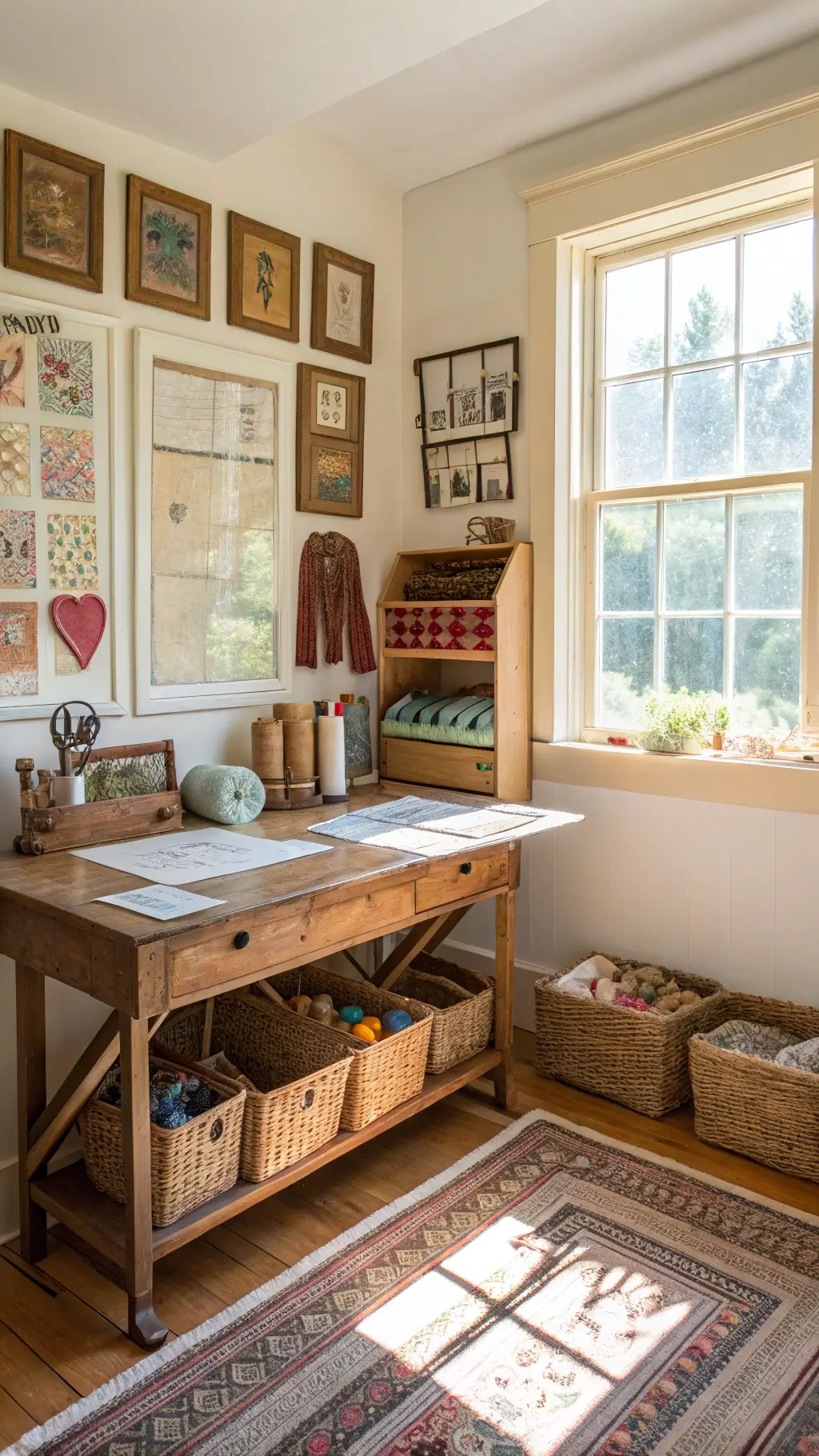 Vintage craft room bathed in afternoon sunlight, showcasing organized scissors, thread, fabric, yarn, and textiles with vintage needlework gallery on the wall.