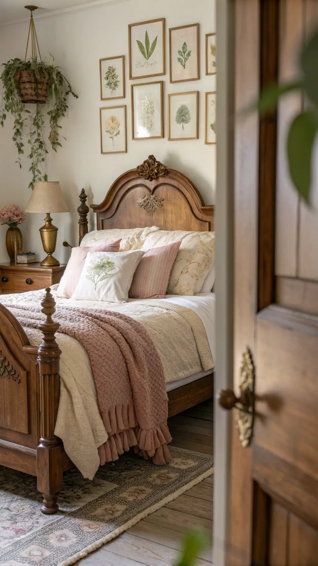 Vintage bedroom lit by morning light featuring antique wooden bed with cream sheets, dusty rose quilt, beige knit throws, mismatched side tables with brass lamps, and a gallery wall of pressed botanical specimens in gold frames; captured from doorway with soft bokeh effect.