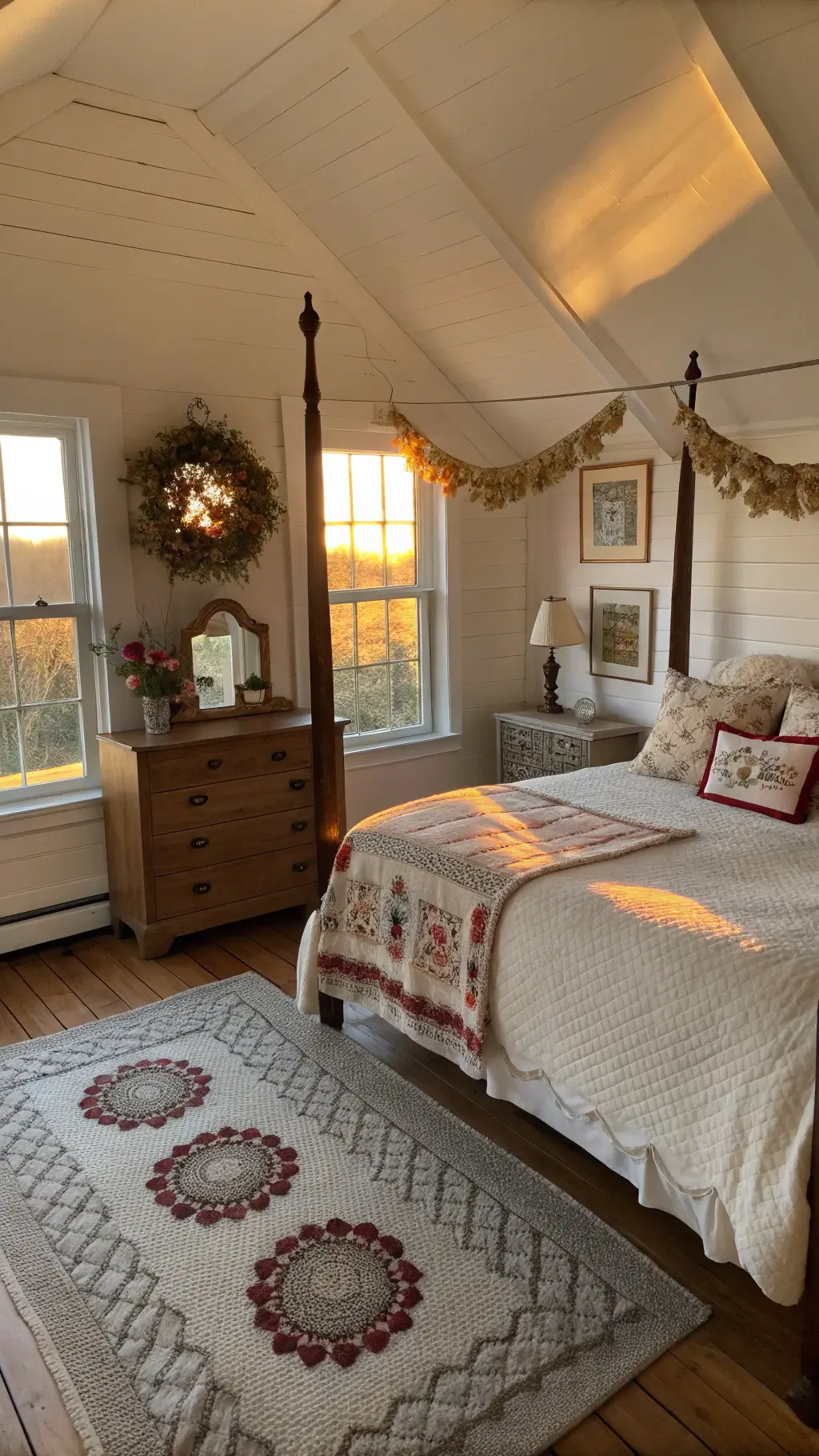 Romantic, pastoral-style bedroom with sunset light featuring vintage textiles, antique furniture, dried flower wreaths, and a muted toned wool rug from an elevated wide shot.