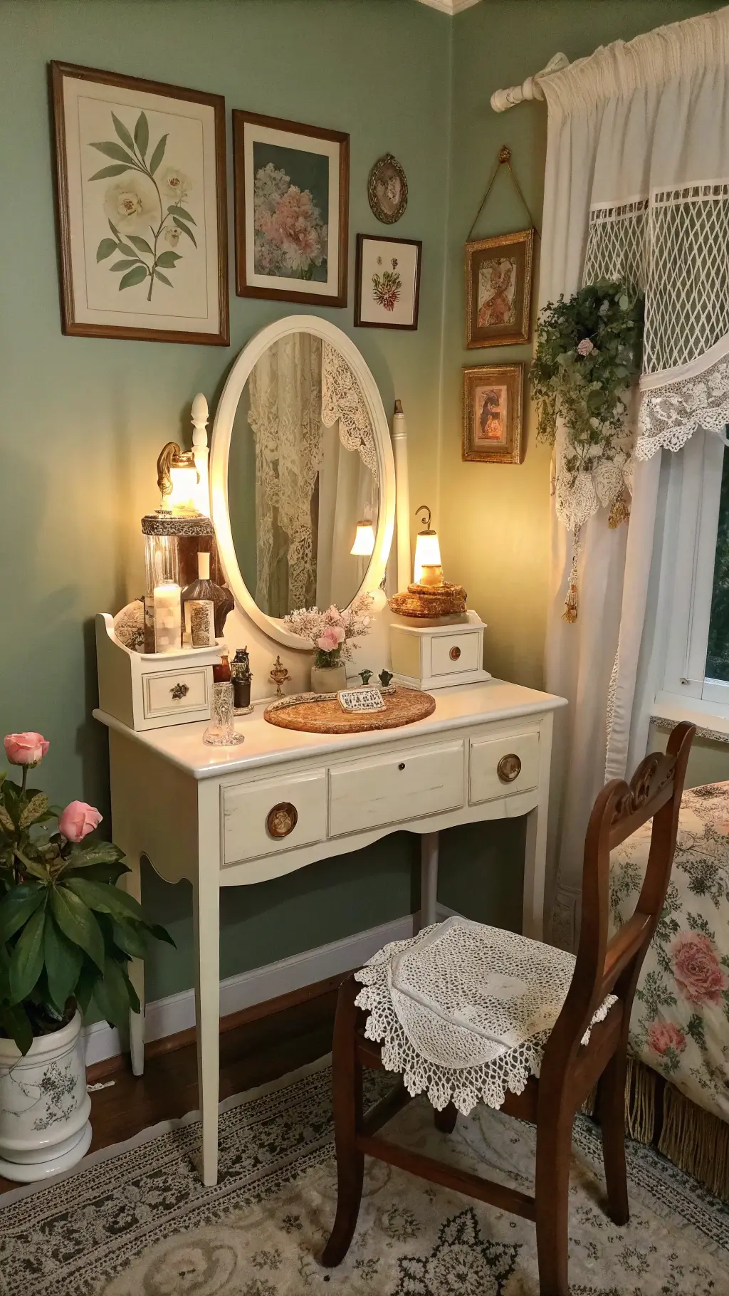 Vintage cottagecore bedroom vanity set with warm lamplight reflection, dressing table adorned with lace doilies, glass perfume bottles, silver brush set and fresh roses in earthenware pitcher. A wooden chair, botanical prints and a macramé plant hanger in the backdrop.