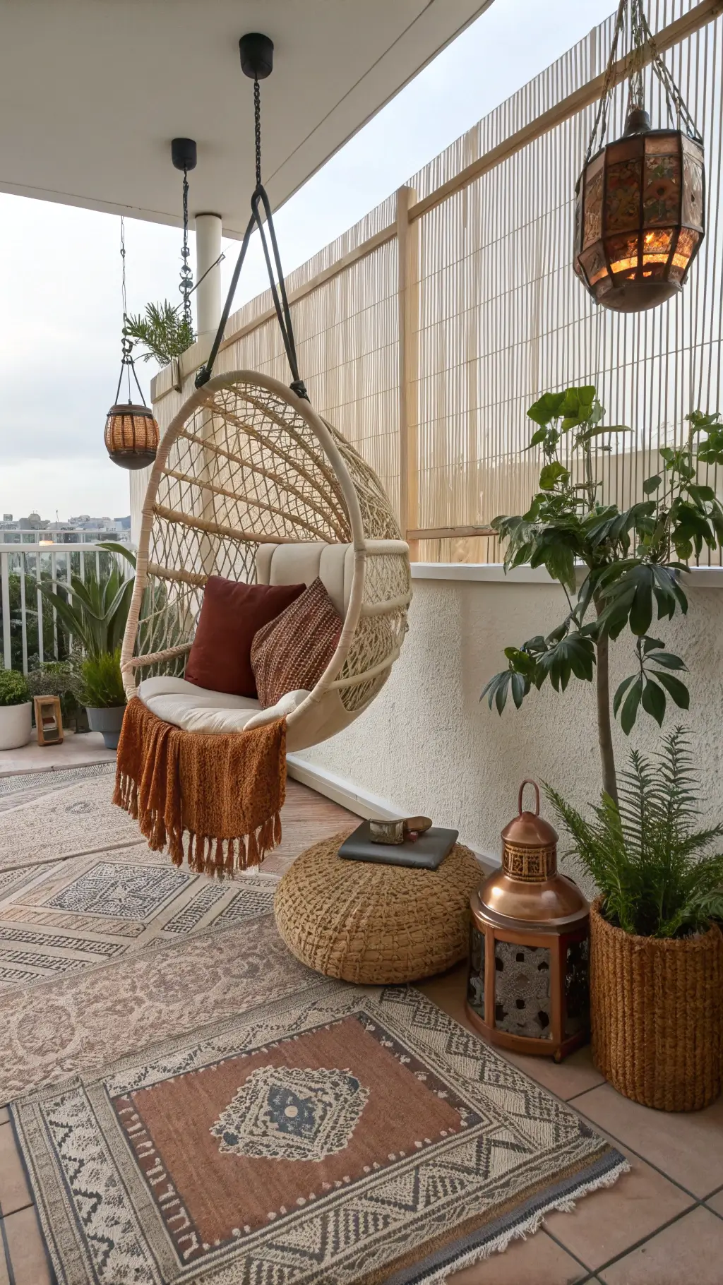 Bohemian-style balcony at midday with a hanging rattan egg chair adorned with cream macramé cushions and rust throws, layered Moroccan rugs, copper lanterns, metallic planters with trailing plants, and a bamboo privacy screen casting dappled light.