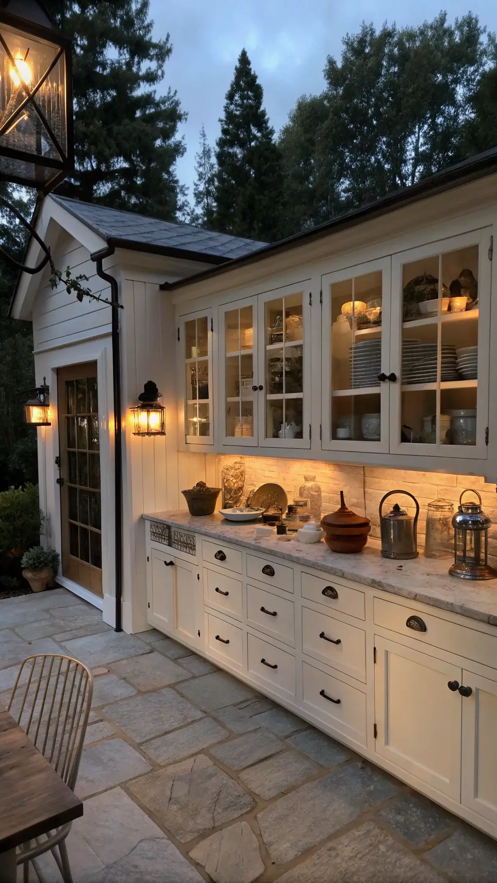 Cottage kitchen with white cabinets, soapstone counters, industrial black sconces, open shelving, and mixed metal accents at dusk, shot from a higher vantage point at f/5.6.
