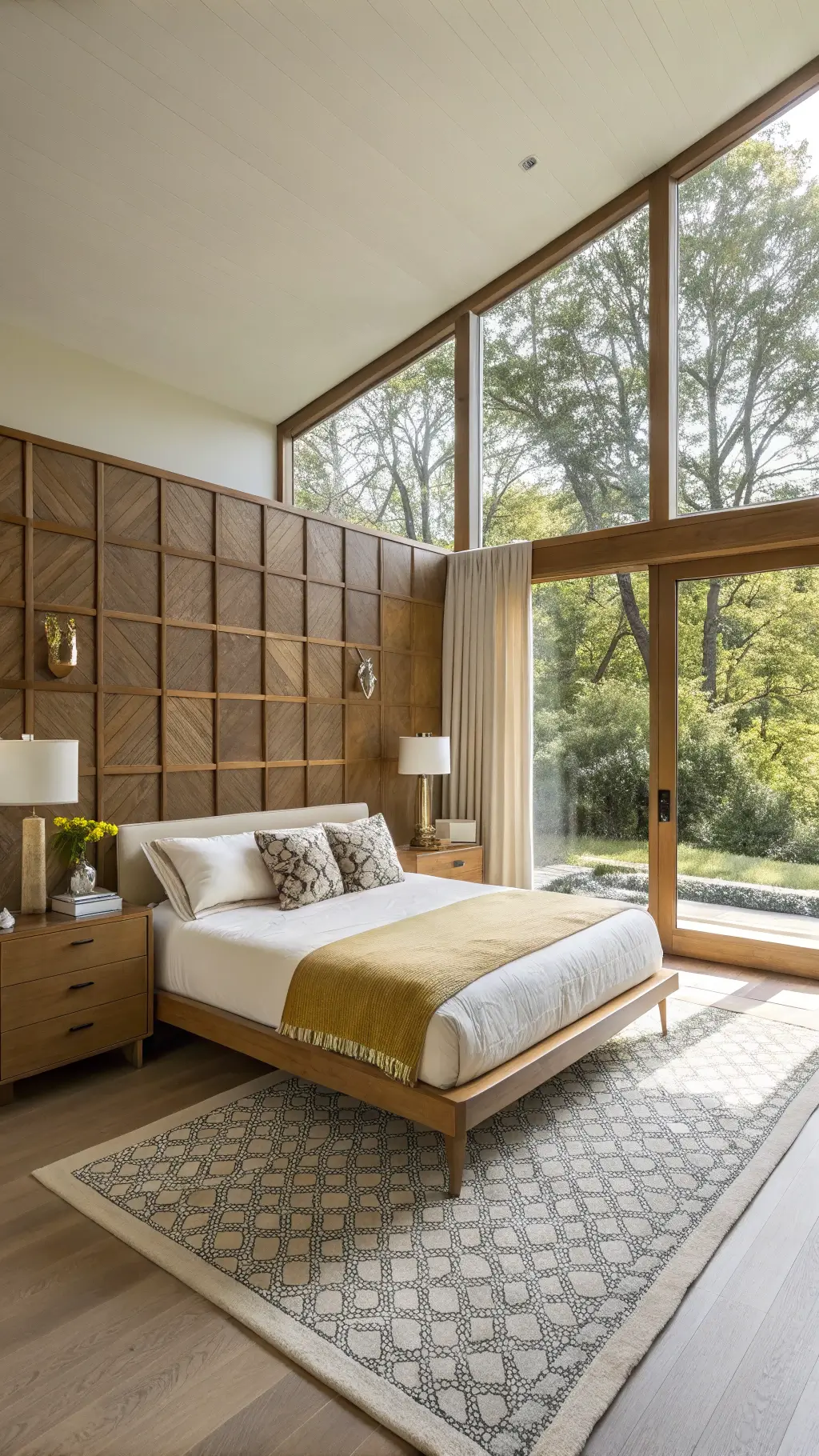 Bright and modern 13x15ft sun-drenched bedroom featuring a light oak platform bed, white tulip side tables, a walnut floating credenza with brass hardware, and a geometric room divider. The room displays a color scheme of cream, mustard, and olive with black accents, and subtle pattern play in textiles and art.