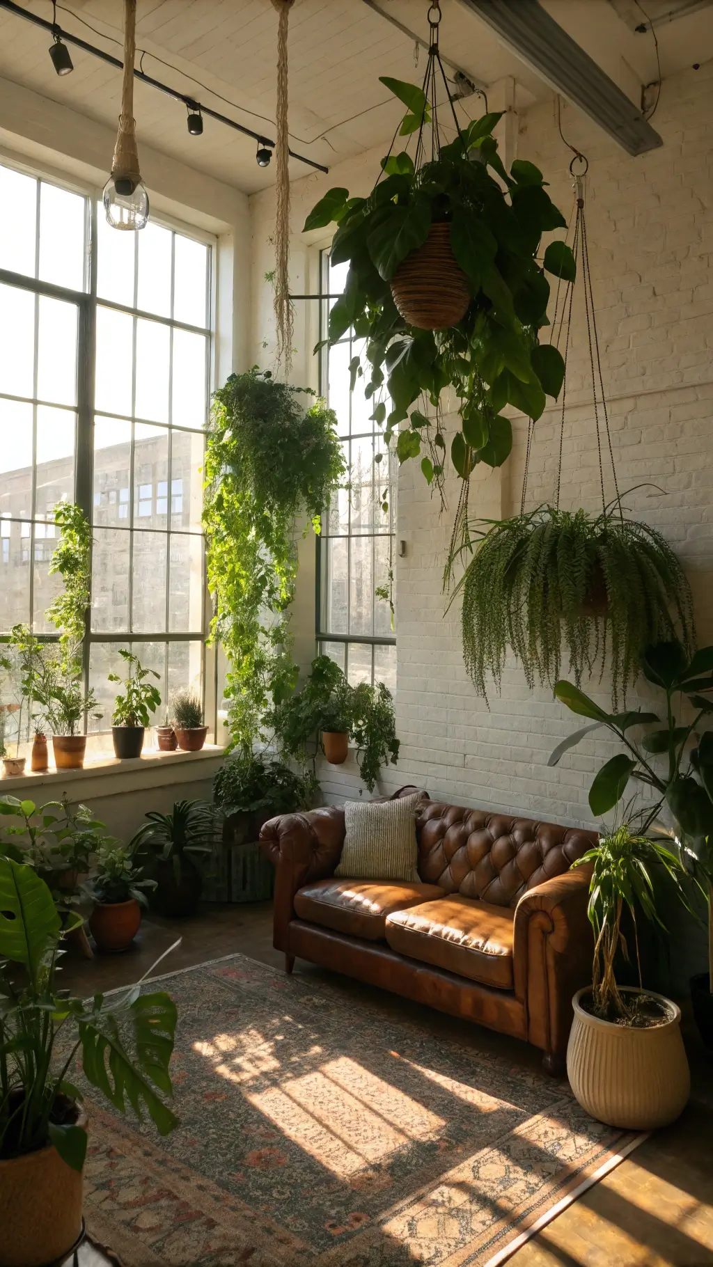 A lush urban jungle living room with high ceilings and a variety of hanging plants like Pothos, Spider Plants, and String of Hearts in matching ceramic planters, bathed in late morning light through large warehouse windows. Vintage leather sofa with brass accents visible beneath the vertical garden, lit by natural top light blended with warm fill.