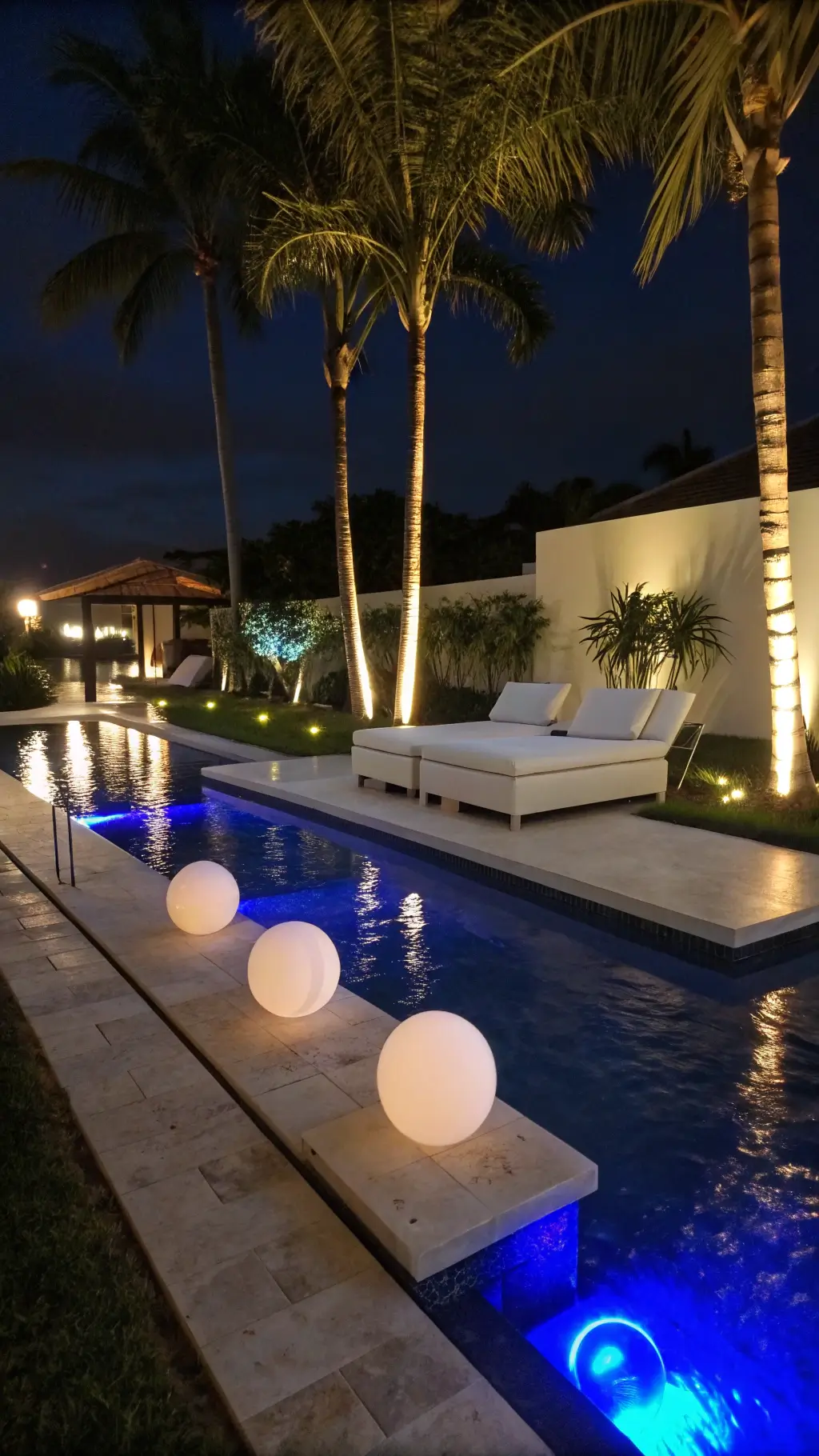 Modern poolside lounge area at night with azure blue LED lights illuminating infinity pool edge, white chaise lounges on limestone decking, floating orb lights in pool, and uplit palm trees.