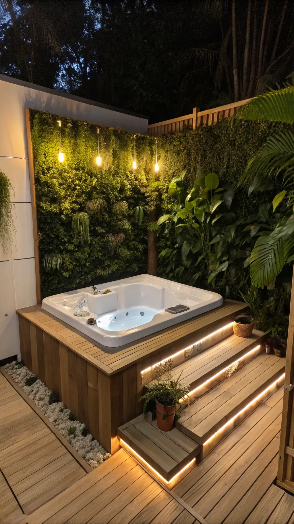 Cozy 8x8ft corner retreat featuring a 4-person pearl white hot tub on a cedar platform, surrounded by a tropical vertical garden wall and lit by brass sconces and under-platform LED strip. Includes floating steps with storage and a small drinks ledge.