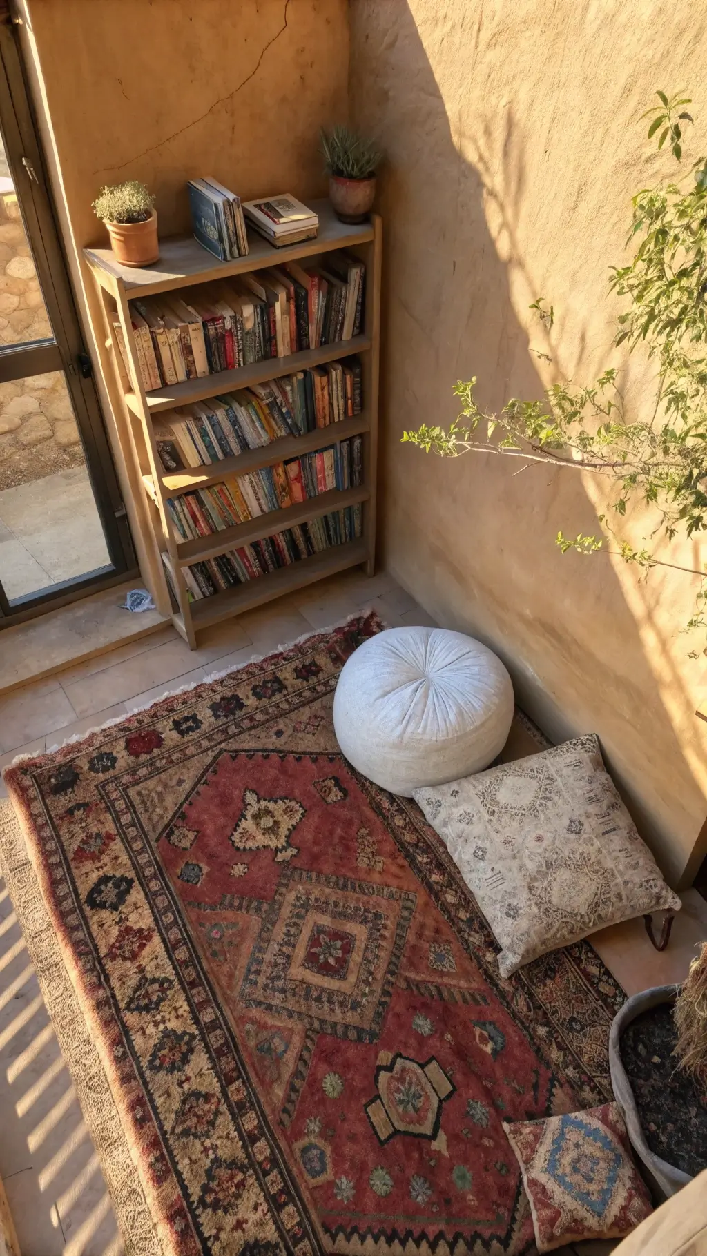 Overhead view of a cozy reading nook, featuring a worn Persian rug, oversized linen floor cushions, and a steel bookshelf filled with vintage books, illuminated by afternoon golden hour light.