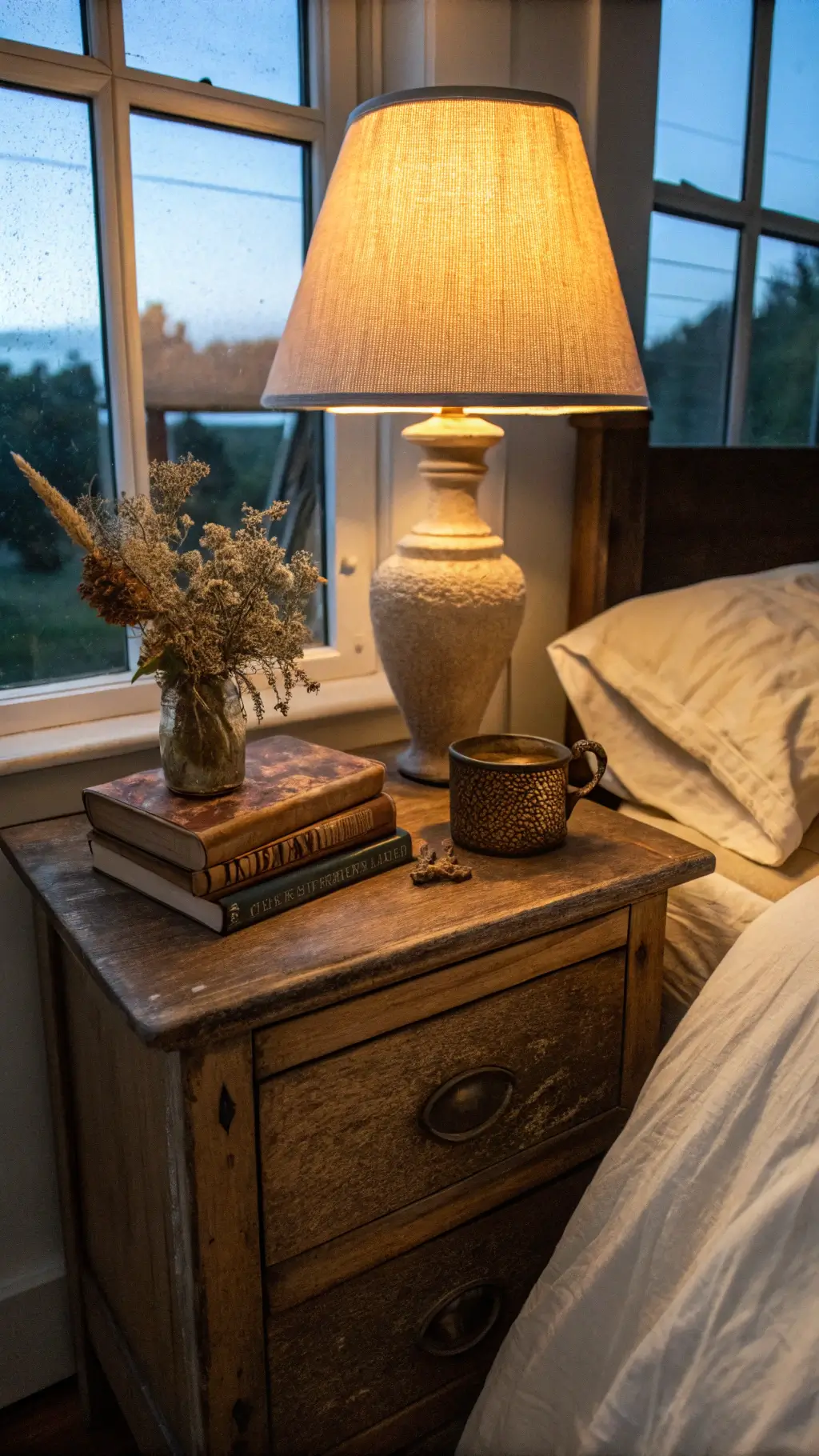 Vintage oak nightstand with ceramic lamp, leather-bound books and dried botanicals at dusk, highlighting material patina and organic arrangements.