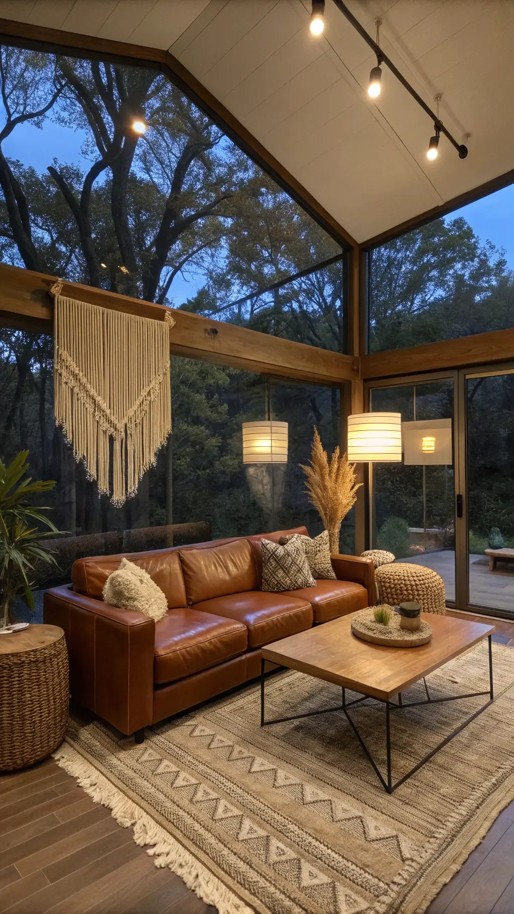 Mid-century modern living room with cognac leather sectional, walnut coffee table, macramé wall hanging, ceramic vessels with pampas grass, and brass floor lamp during blue hour.