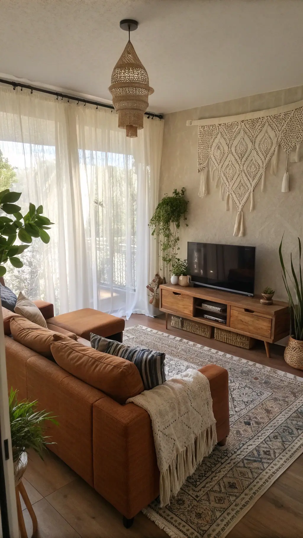 Cozy morning scene in a small living space with sunlight pouring through sheer curtains, sofa, wood media console, tribal textiles, handmade pottery and sculptures, and hanging spider plants.