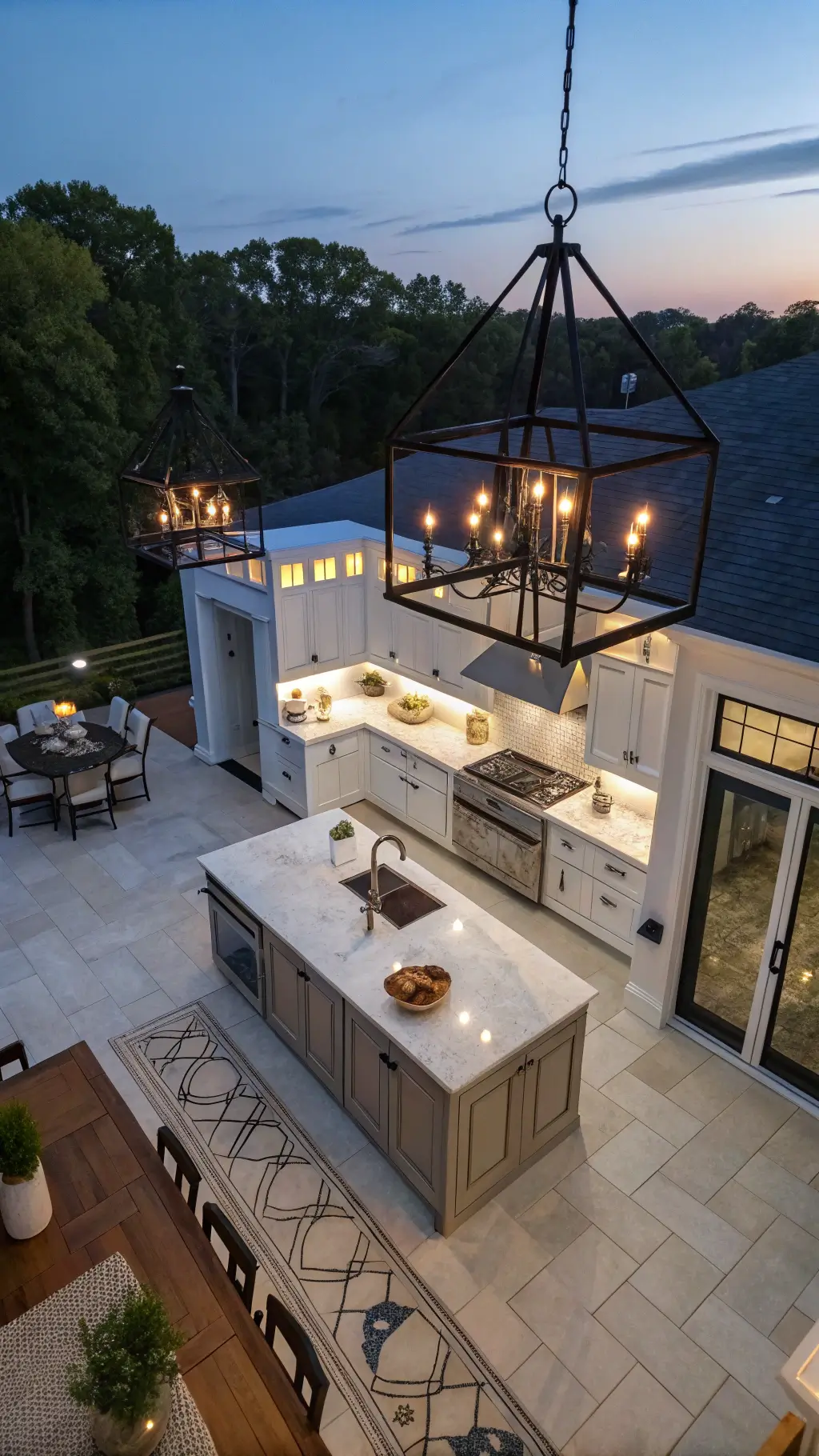Bird's eye view of a spacious chef's kitchen illuminated by industrial brass and iron lighting, featuring white oak cabinets, a marble island, a copper range hood, and a vintage kilim runner over slate floors at blue hour.