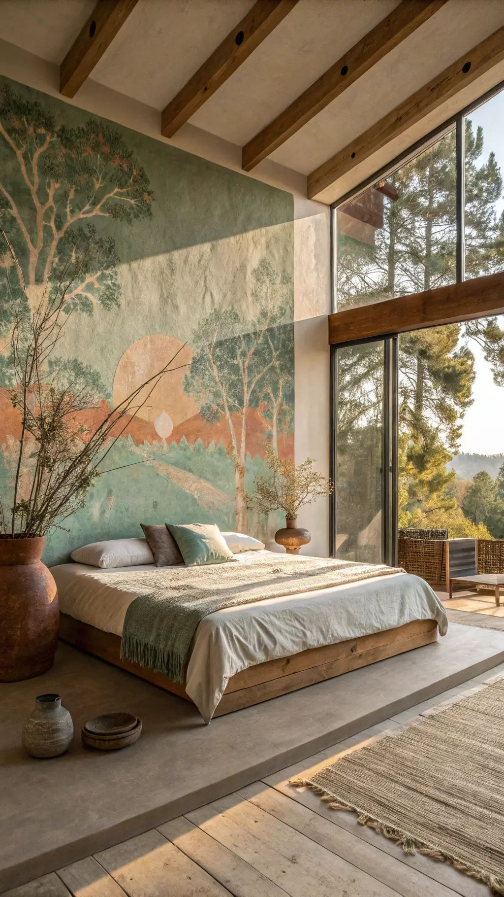 Minimalist bedroom corner at sunrise featuring wabi-sabi painting, terracotta and sage green palette, platform bed with neutral linen bedding, ceramic vessel with dried branches, shot at high angle creating long morning shadows.