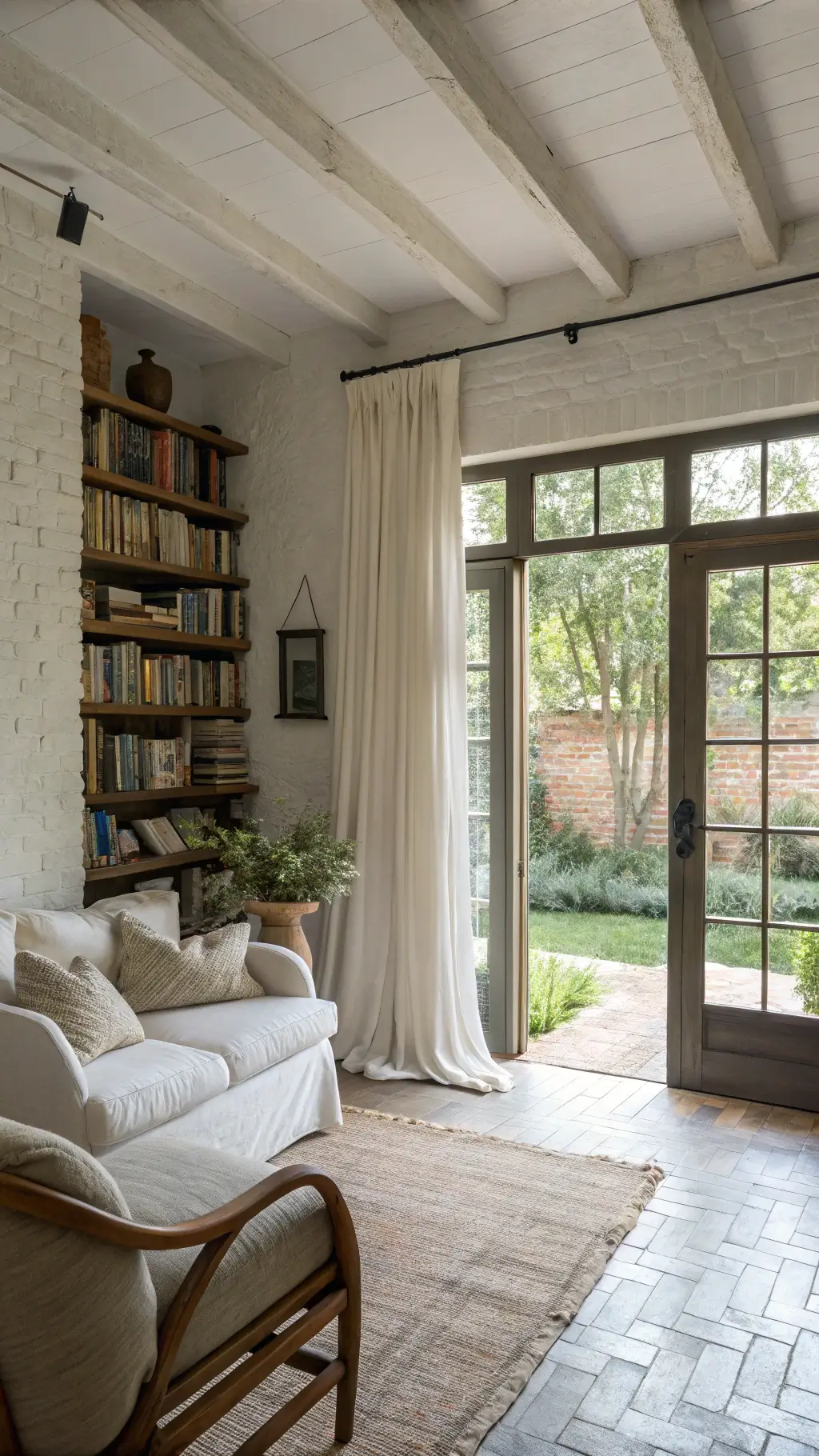 Bright, open-concept 18x22ft living room with whitewashed brick walls, dark wood floating shelves with vintage books and pottery, and mix of seating against French doors leading to cottage garden.