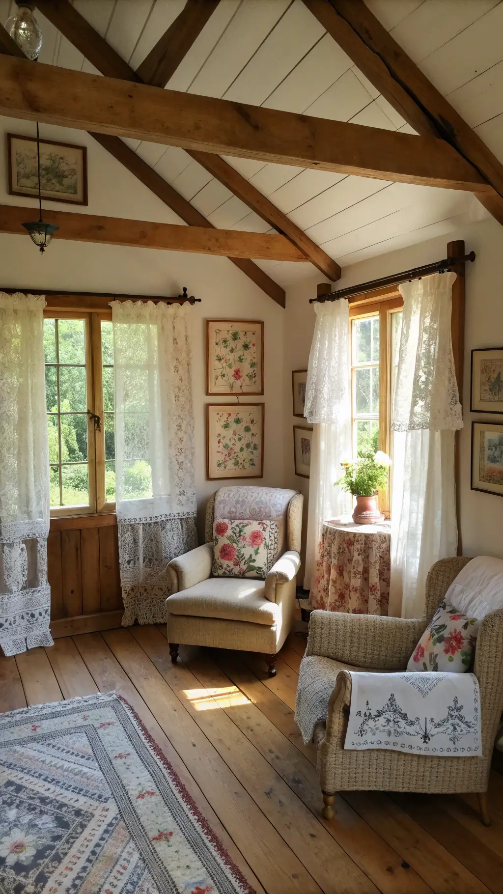 Cozy 15x17ft room with wooden ceiling beams, wide floorboards, vintage lace panel-filtered light, overstuffed chintz armchairs around an antique tea trolley with handmade quilts and a botanical print gallery wall.