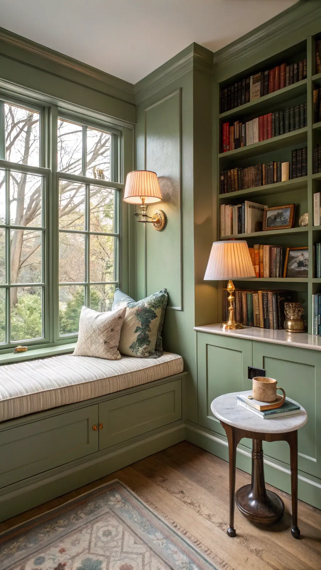 A cozy reading corner with floor-to-ceiling sage green shelves, window seat with ivory cushions, brass lights illuminating vintage hardcovers and pottery, and a small marble side table with a ceramic lamp in afternoon light.