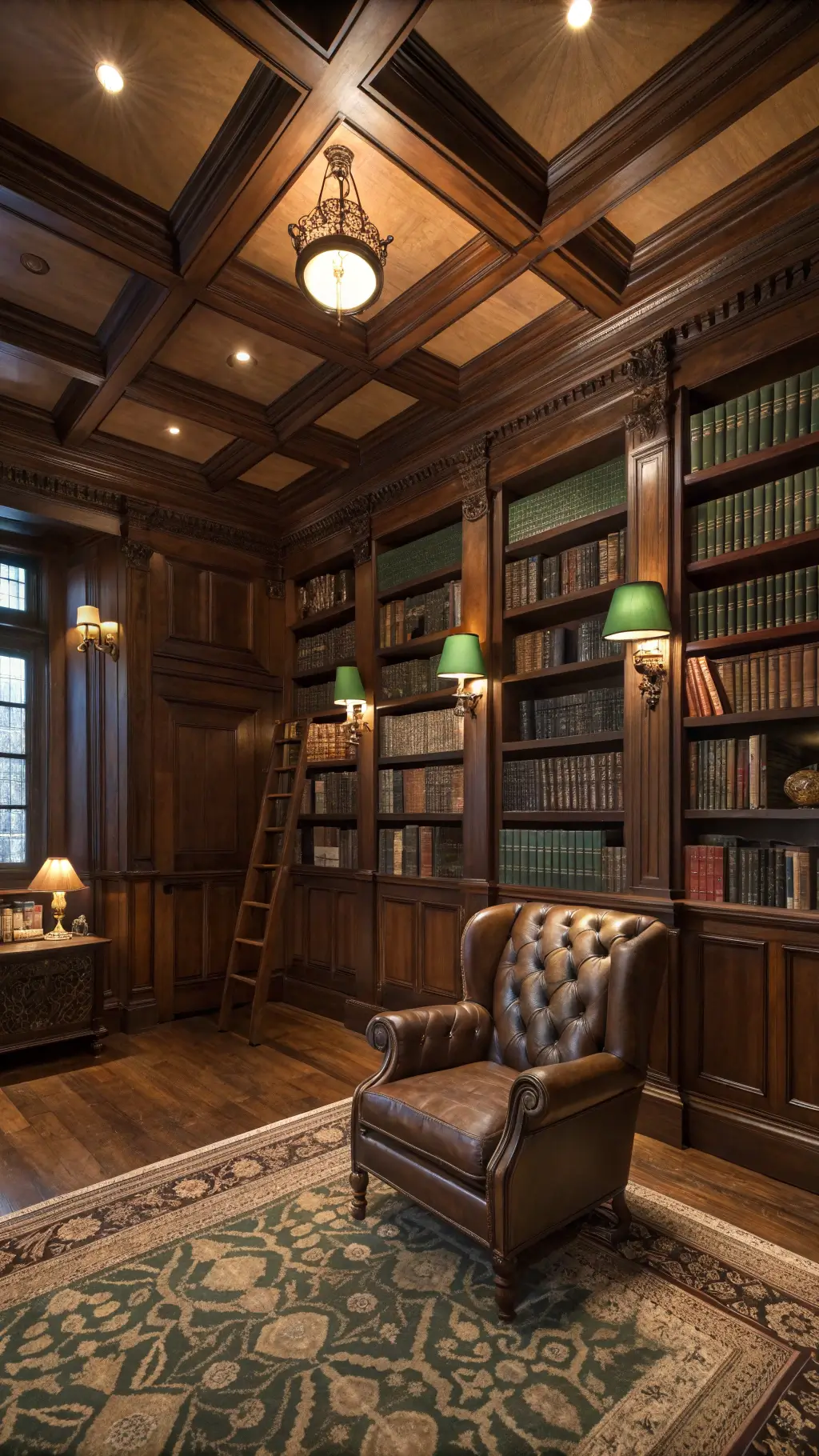 Vintage gentleman's library with mahogany shelving, leather wingback chair, sconce lighting, and antique rug during blue hour with warm lighting.