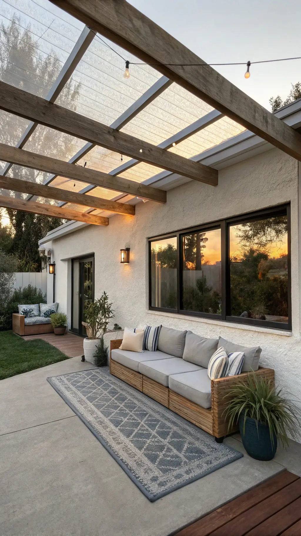 Modern patio at golden hour with polycarbonate panels creating geometric shadows, grey outdoor sectional with cream cushions, outdoor rugs in muted blues, succulents in copper planters, and natural sunset light creating a warm, inviting atmosphere.