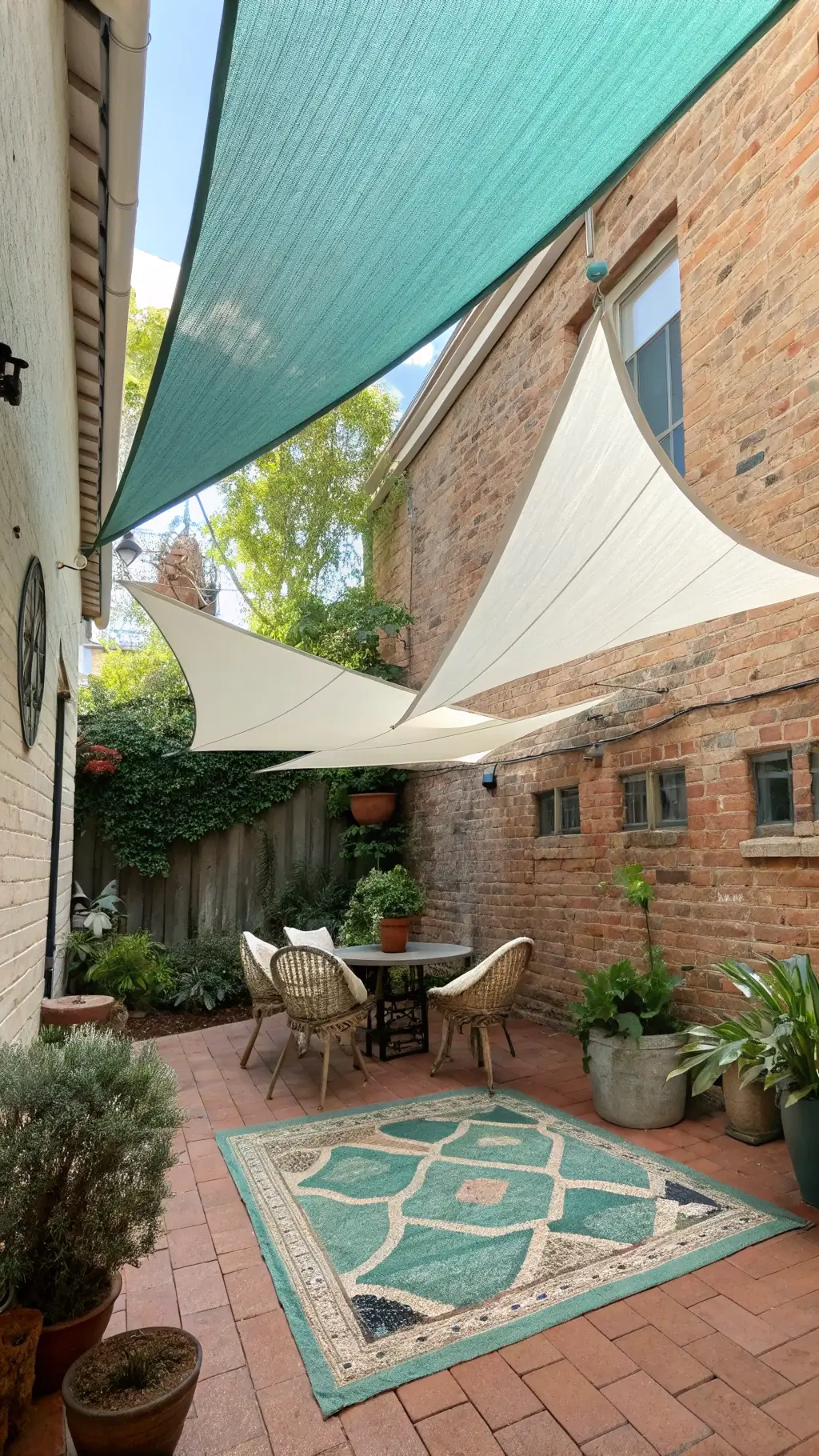 Intimate courtyard patio with seafoam green and white triangle shade sails, rattan bistro set, Mediterranean pottery with trailing plants, and vintage kilim rug on terracotta tiles, showcasing geometric patterns and textile textures.