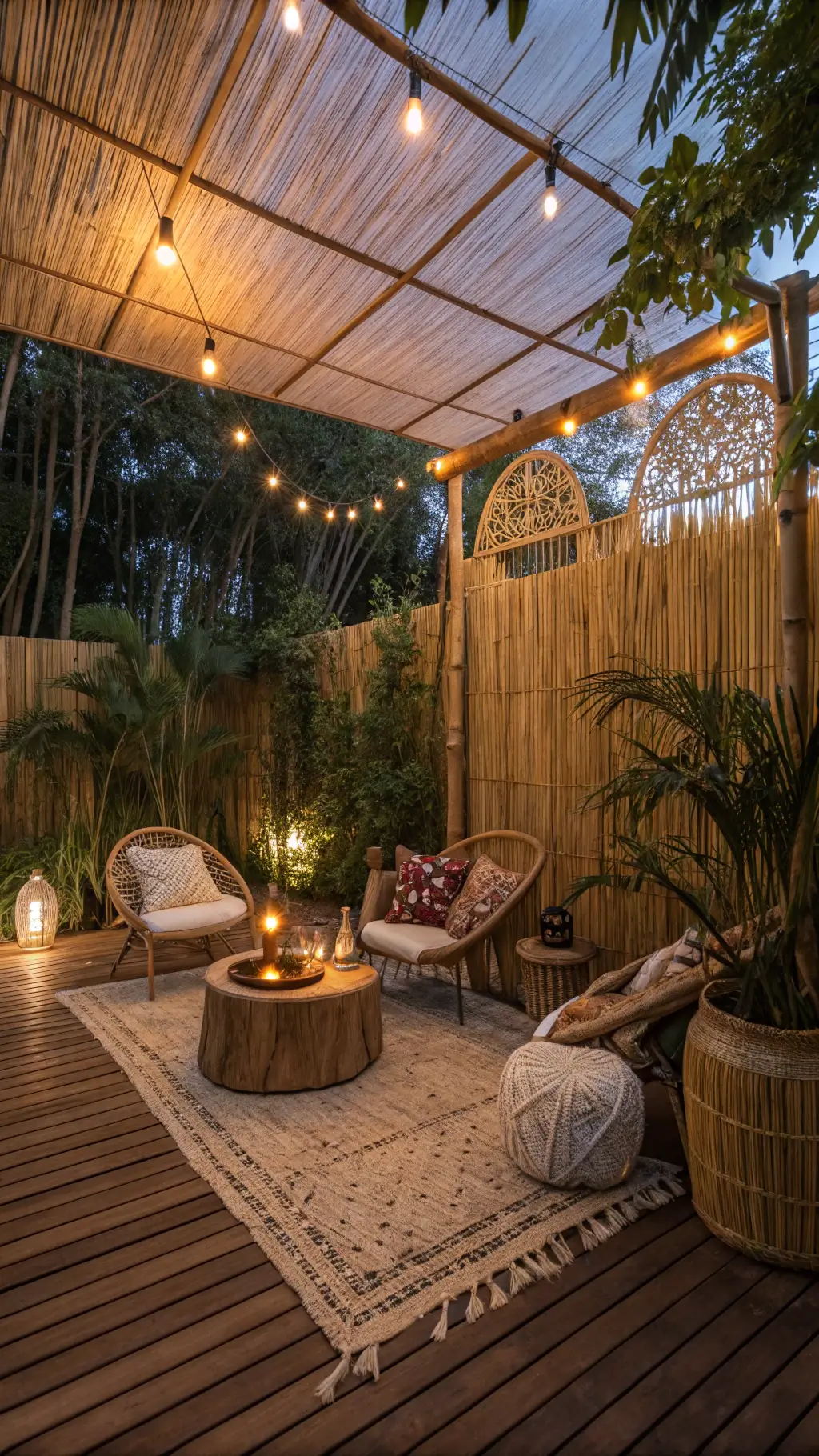 Bohemian backyard retreat with Moroccan cushions, wooden deck, bamboo reed covering, string lights, macramé hanging chairs, brass lanterns, and tropical plants bathed in golden evening light