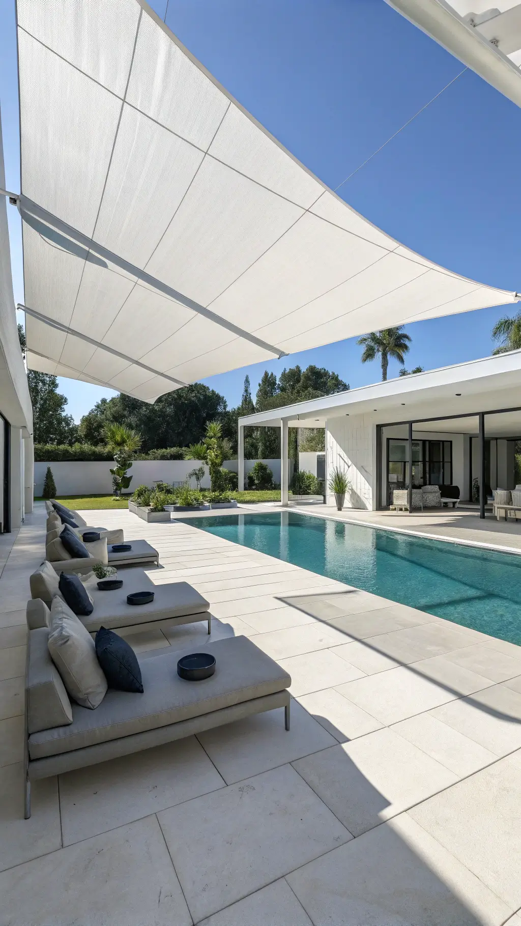 Modern travertine tiled poolside patio with white shade sail and teak loungers under harsh noon light, creating dramatic shadows, in a clean, minimal design with large ceramic planters.