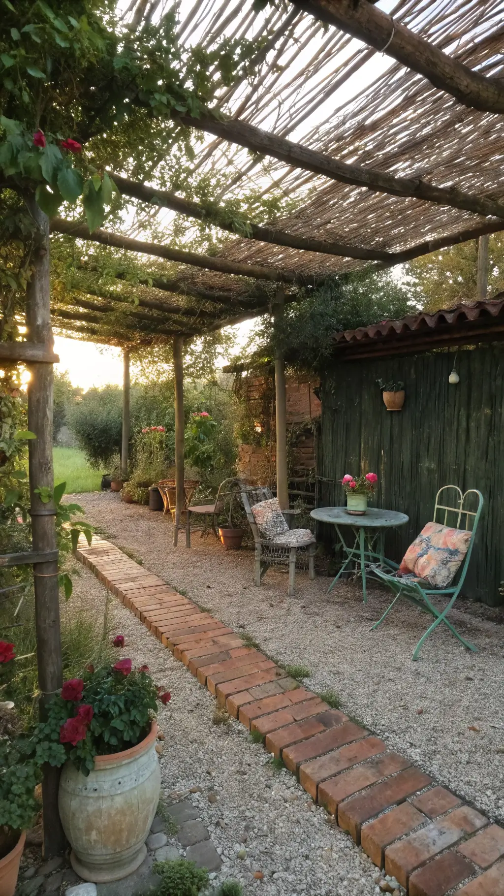 Rustic garden patio with aged bamboo pergola and vintage metal furniture in late afternoon light, surrounded by climbing roses in mismatched ceramic pots on a gravel surface with a salvaged brick border.