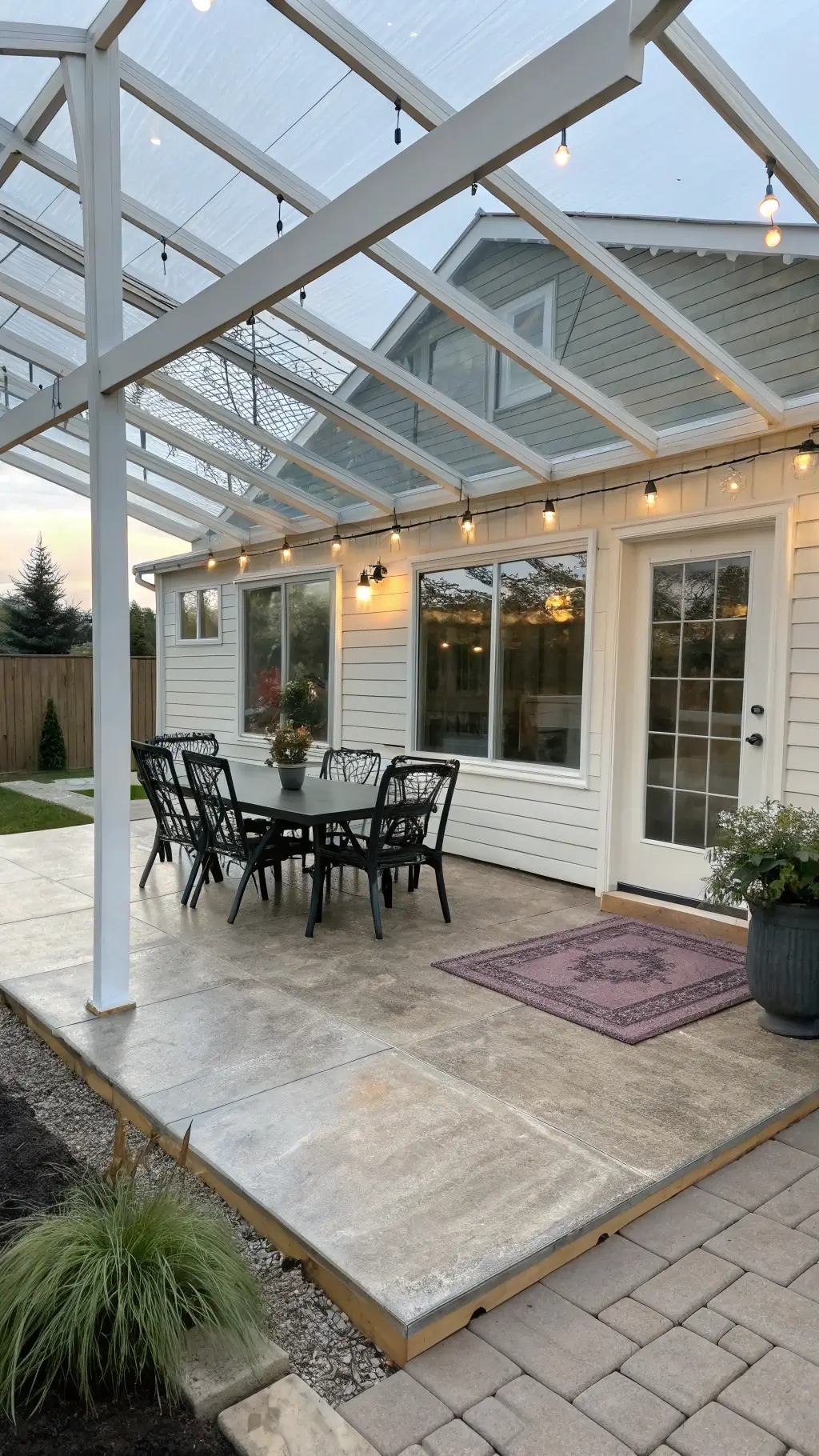 DIY polycarbonate panels in a whitewashed wooden frame structure on a modern farmhouse patio with black metal outdoor dining set and lavender in vintage zinc planters, emphasizing mixed materials and textures.
