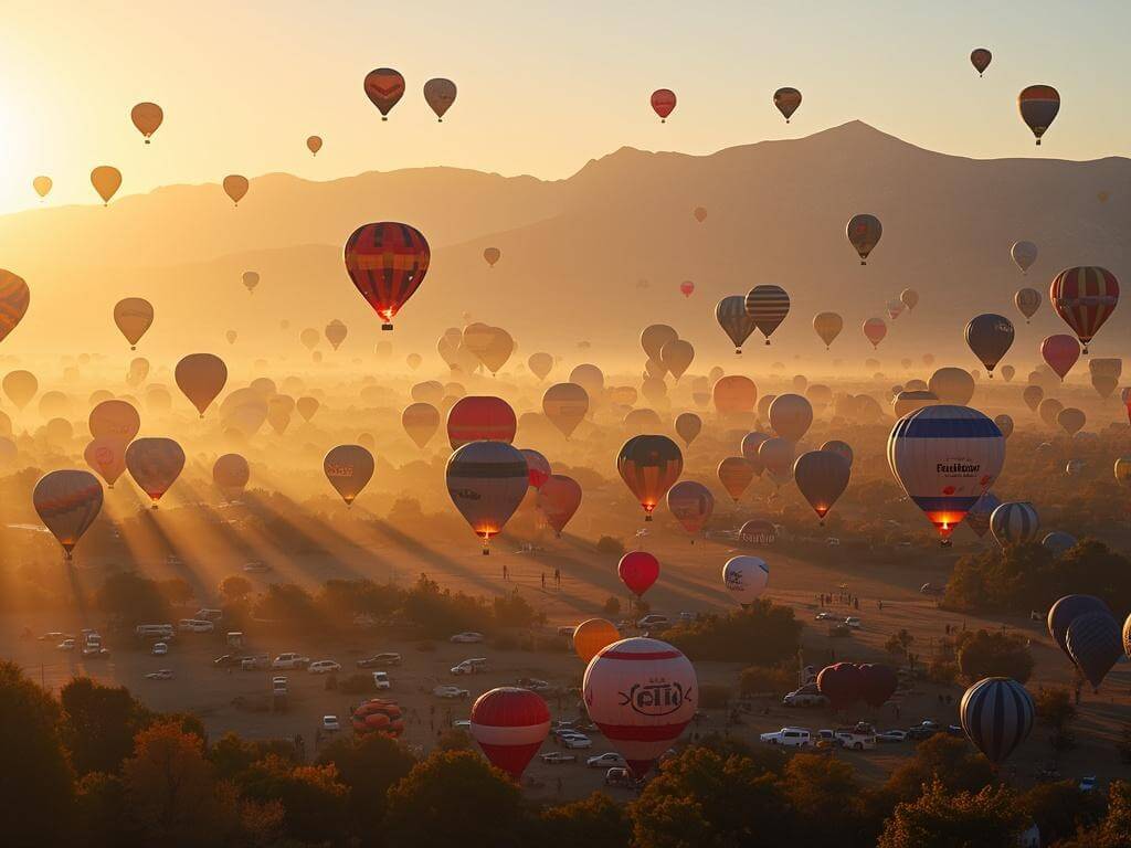 "Panoramic sunrise view of vibrant hot air balloons rising at Albuquerque's Balloon Fiesta Park with Sandia Mountains in the background and silhouettes of spectators in the foreground, in 8K resolution"