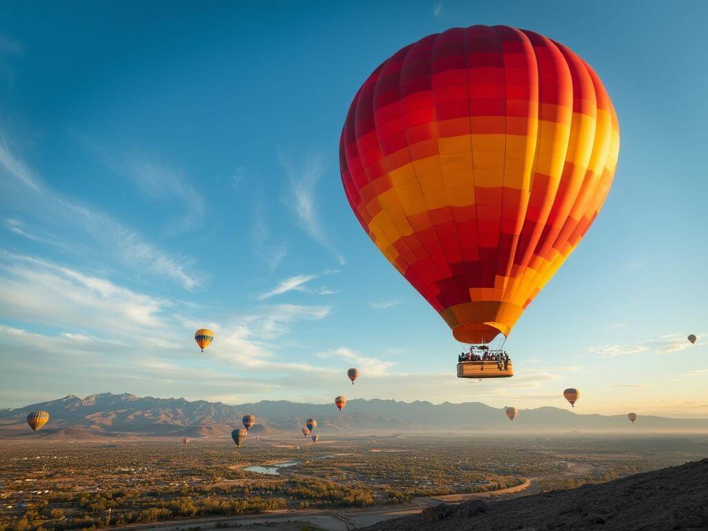 "Hot air balloon with red and yellow stripes rising at sunrise over Albuquerque's landscape, Sandia Mountains in the background, Rio Grande Valley below, and multiple colorful balloons in the distance"