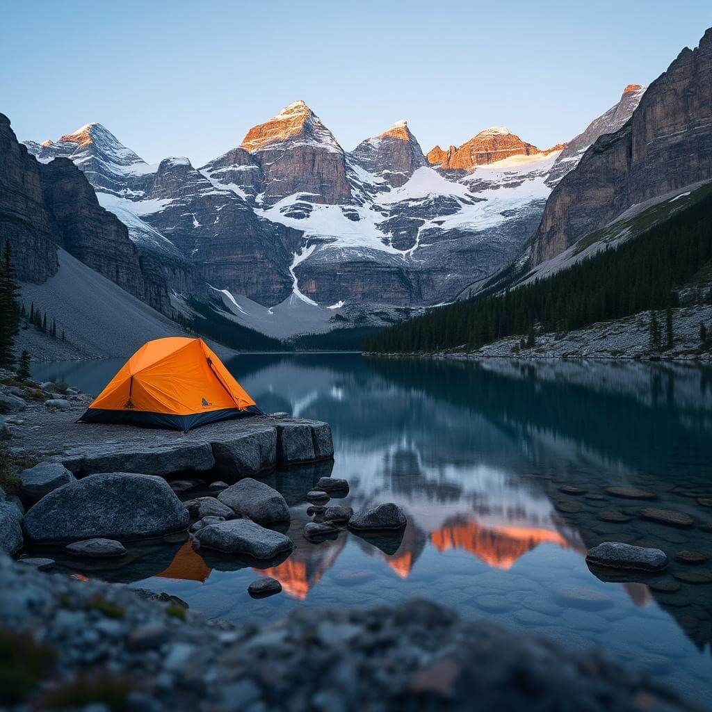 Professional camping setup with a high-quality tent near a clear alpine lake at dusk, snow-streaked mountains reflecting in the water with the last sunlight rays hitting the peaks.