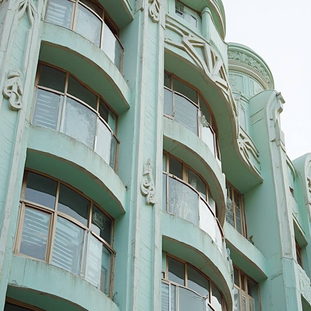 Close-up low angle view of Art Deco building detail showcasing intricate geometric designs, glass block elements, and smooth pastel colors