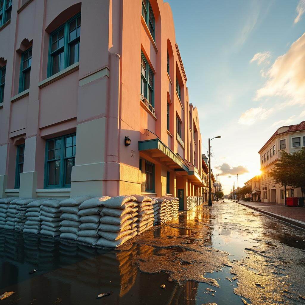 Pastel-colored Art Deco building with flood protection and modern drainage systems during golden hour