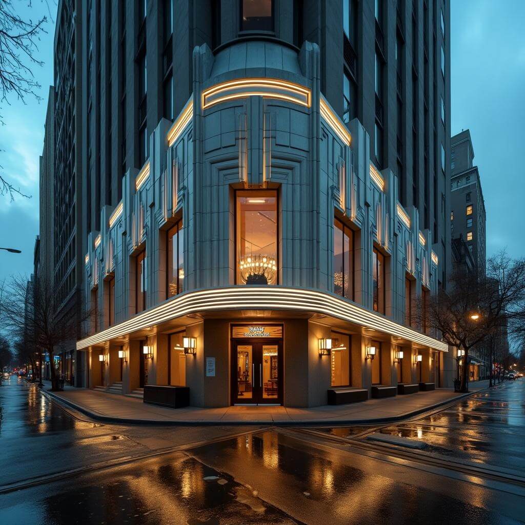 Twilight view of an Art Deco building's curved corner entrance with chrome trim, stepped rooflines, and geometric patterns, highlighted by neon reflections on wet sidewalks