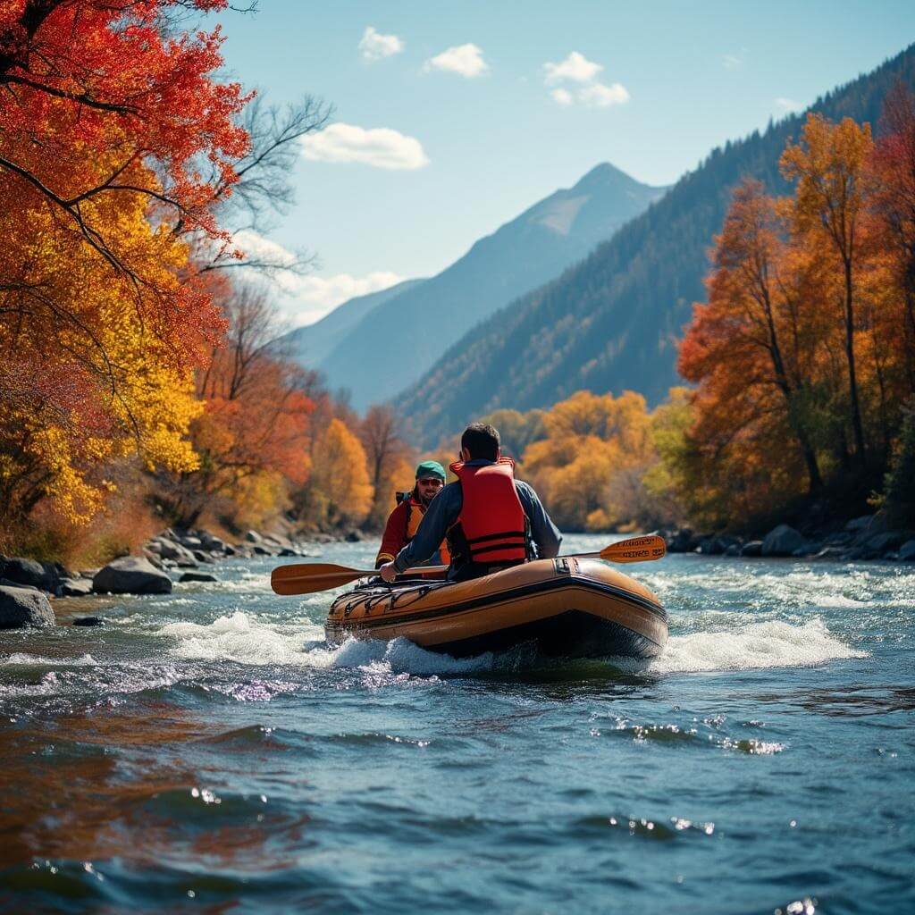 Professional river guide maneuvering a wooden raft through gentle rapids during autumn, surrounded by vibrant red and gold trees with mountains under a clear blue sky in the background