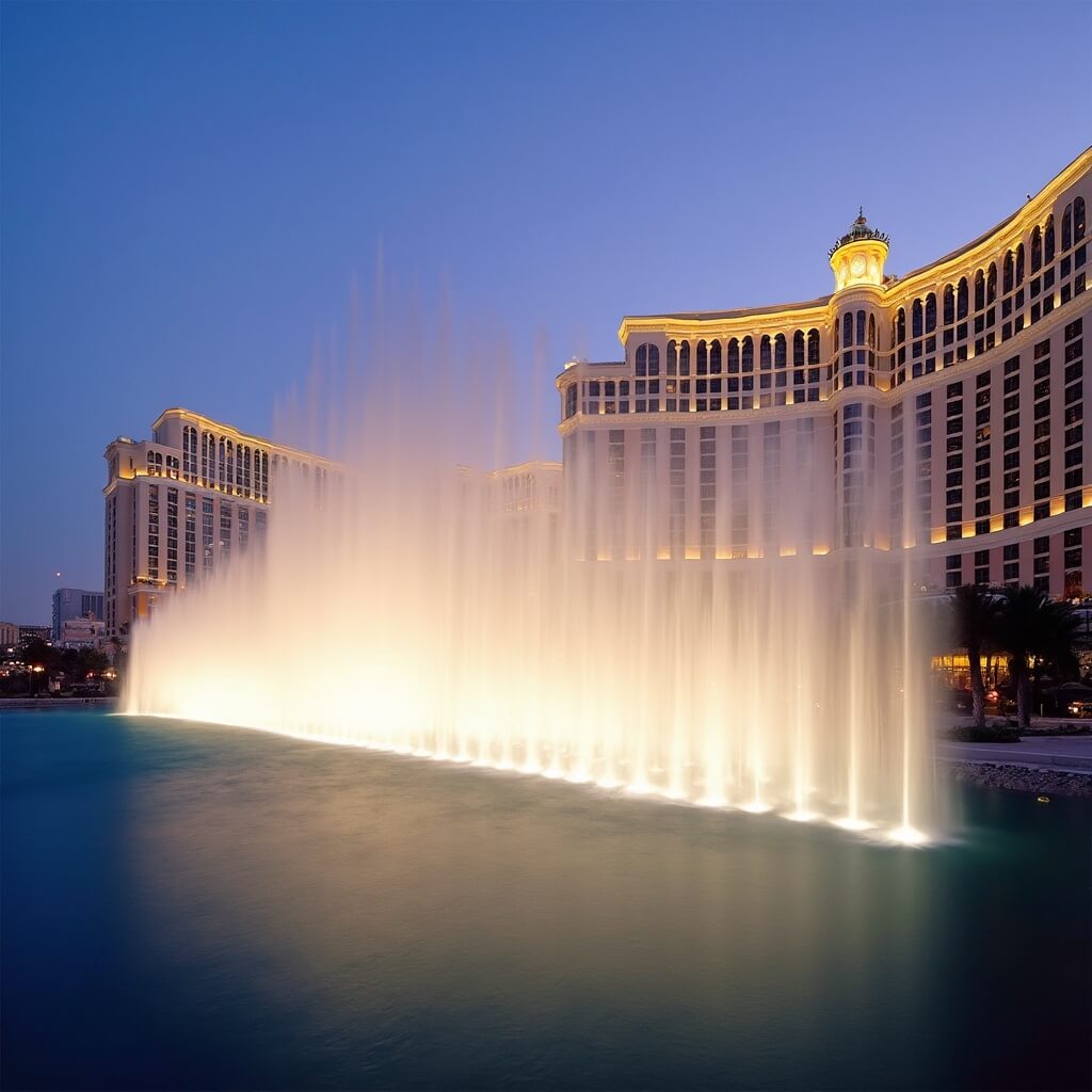 Bellagio water fountains performing at twilight with hotel facade in background