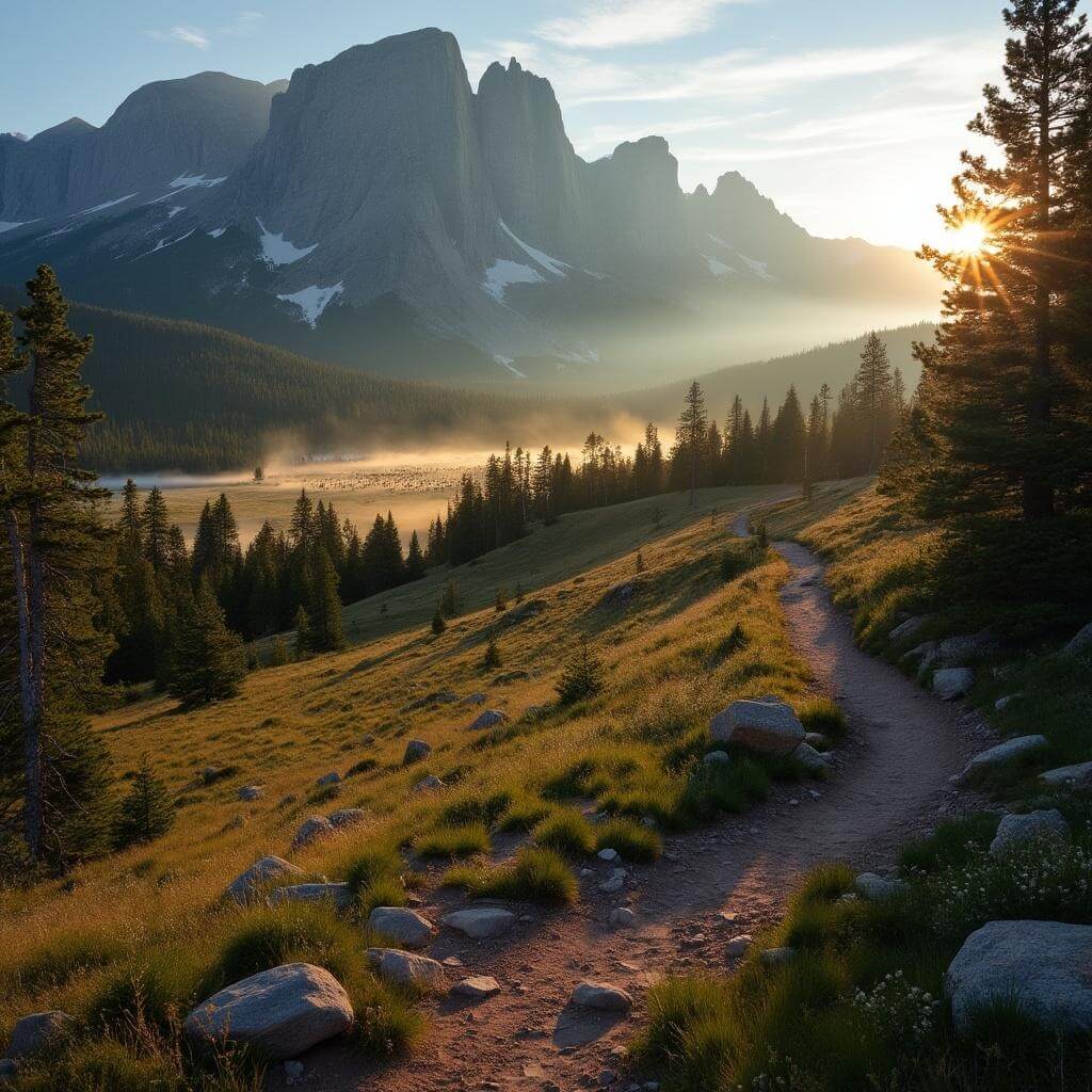 Golden hour landscape of Black Hills with hiking trails, pine forests, towering granite peaks, and a herd of elk grazing in a distant meadow