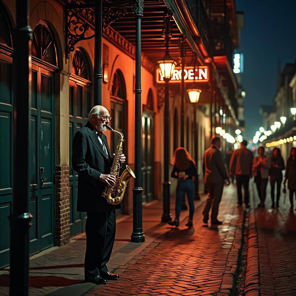 Elderly jazz saxophonist playing on a wet cobblestone Bourbon Street at night, with neon lights reflecting and jazz club doors open