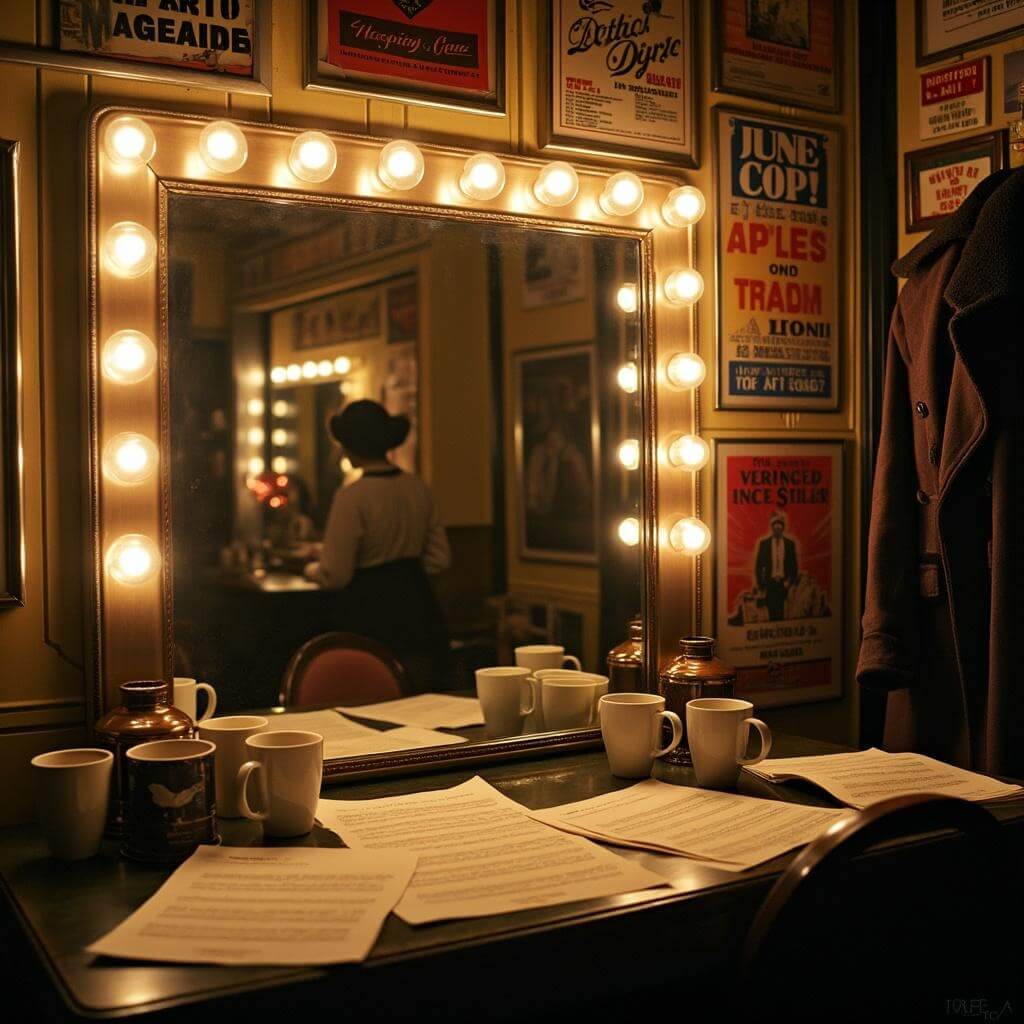 Broadway dressing room with a vanity mirror, scattered sheet music, coffee cups, vintage theater posters and a costume hanging nearby