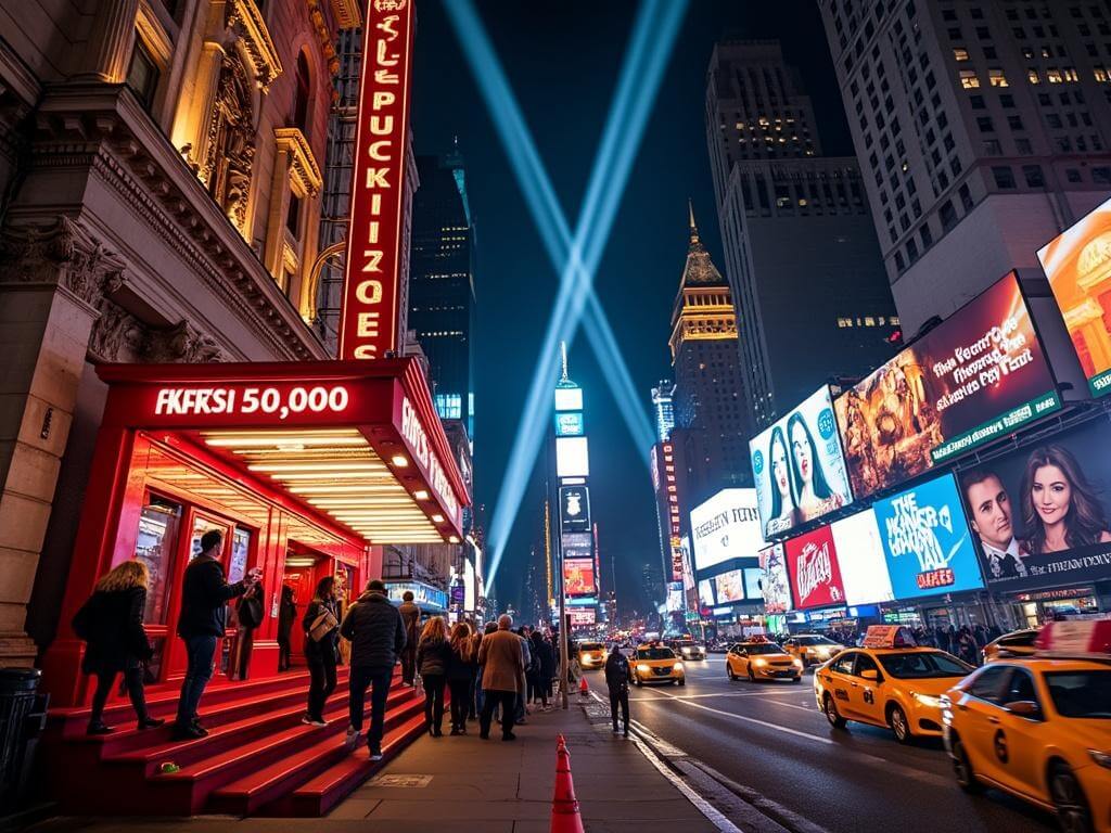 "Nighttime view of Times Square with brightly lit Broadway theater marquees, radiant TKTS booth, busy crowd, passing taxis, and spotlights in the sky"