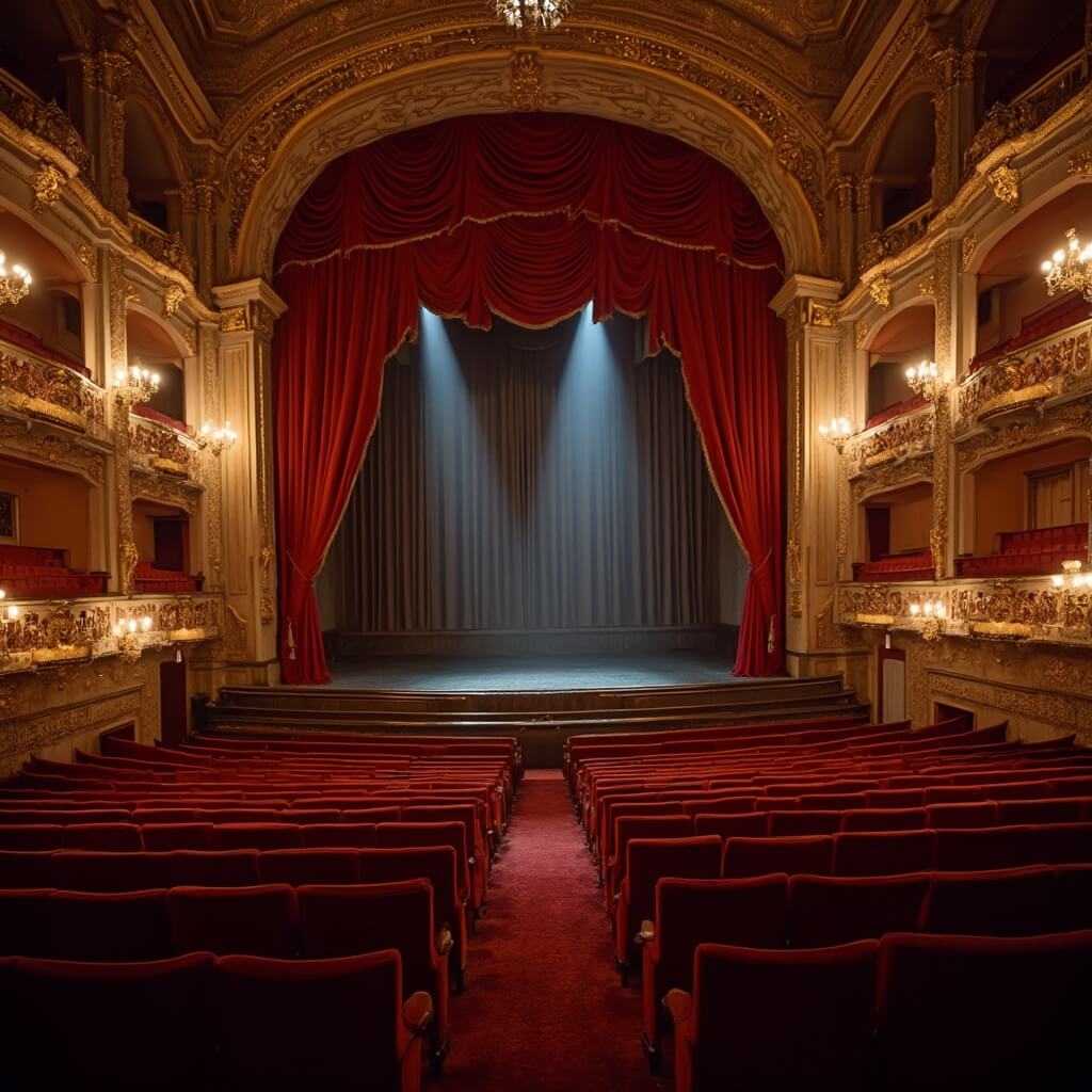 Interior of a grand Broadway theatre with red velvet seats, golden decorations and the elaborate stage curtain, just before a performance