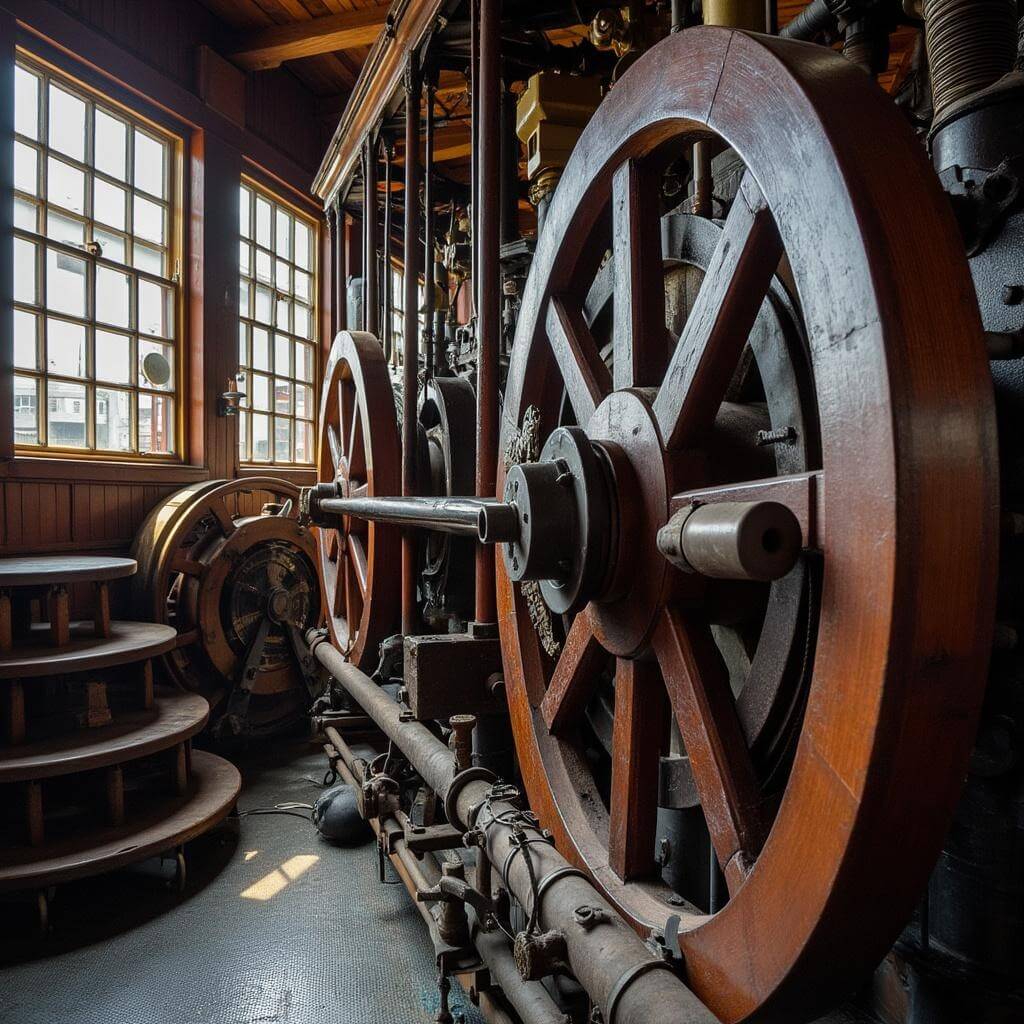 Interior view of the Cable Car Museum's mechanical room showcasing massive wooden wheels, brass fittings, and steel cables bathed in natural light