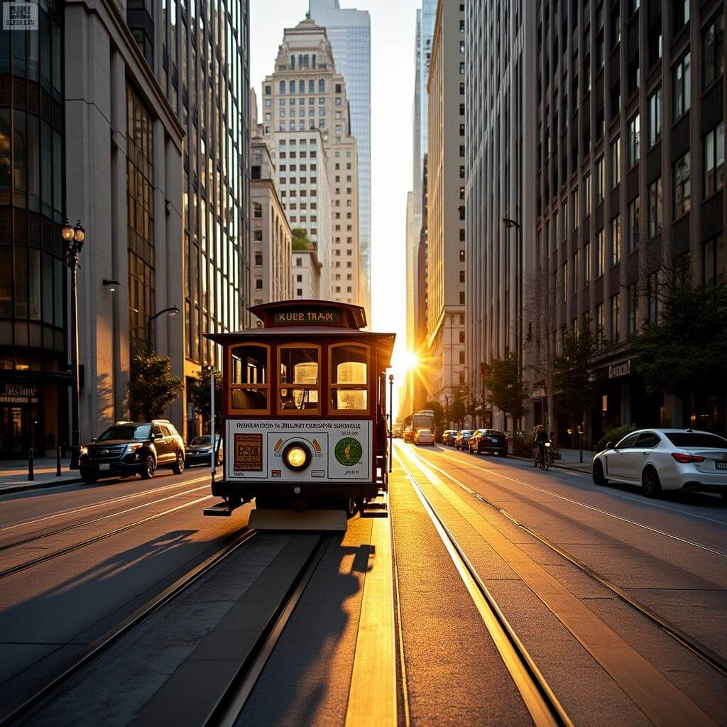 Cable car traversing California Street during golden hour with skyscrapers casting shadows, reflecting sunlight in San Francisco's Financial District