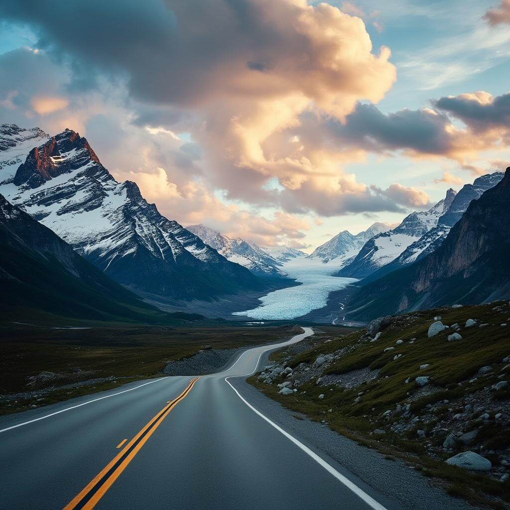 Winding road through Columbia Icefields Parkway in the Canadian Rockies during golden hour with snow-capped mountains, distant glaciers, and dramatic clouds overhead