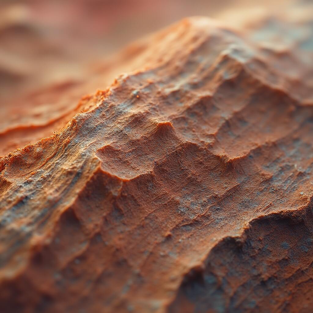 Close-up image of layered geological textures on curved hill with color transitions and mineral variations in rich earthy tones