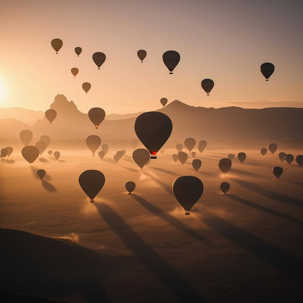 Aerial view of hundreds of colorful hot air balloons launching at dawn against the silhouette of Sandia Mountains, under soft golden morning light with misty ground and cool autumn colors