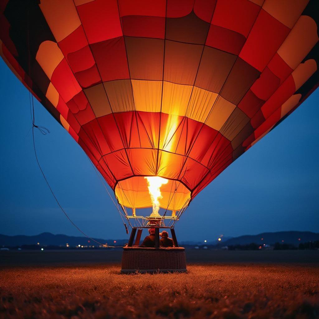 Hot air balloon being inflated at dawn, illuminated by flames from the burner against a deep blue sky
