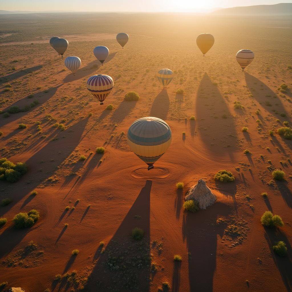 Aerial view of hot air balloons casting long shadows across New Mexican desert landscape during golden hour, with vegetation scattered below