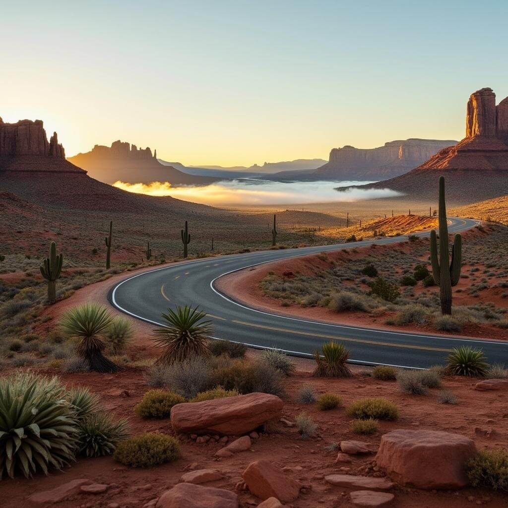 Dawn landscape of desert road leading to a monument, with morning fog in valleys amid red rocks and illuminated desert flora including sage brush and barrel cacti