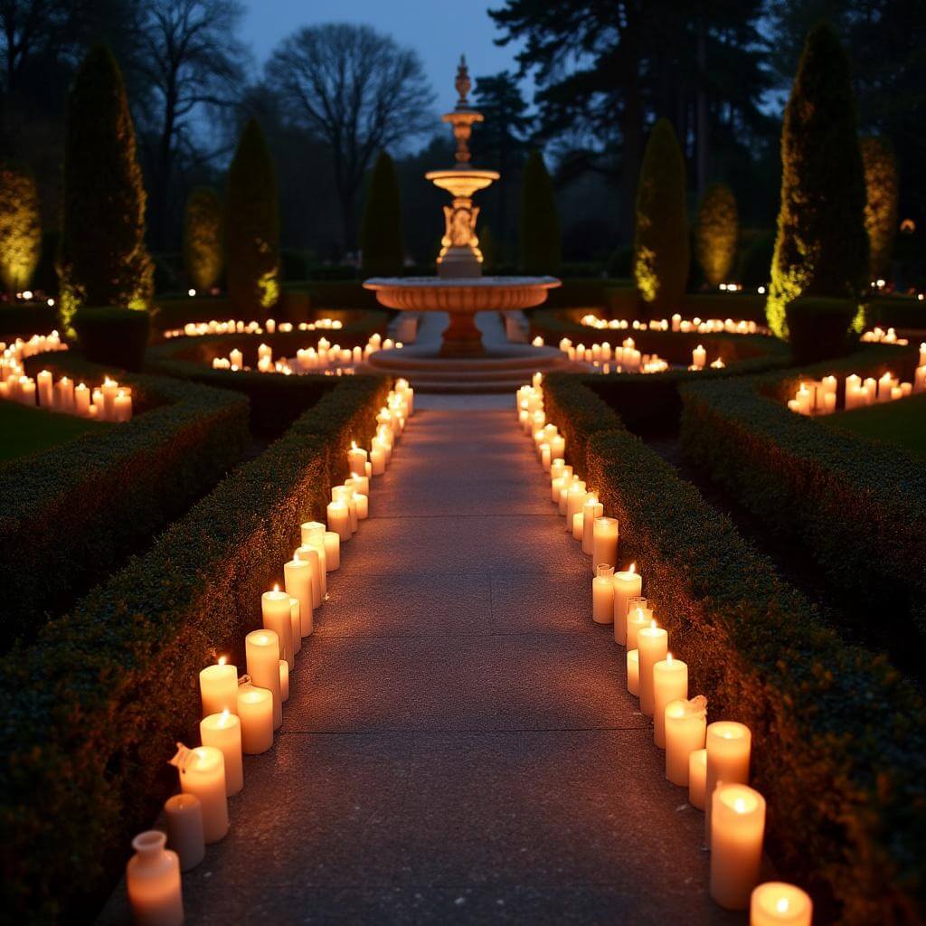 Meditation Garden at night during Elvis Week with candles glowing around Elvis's gravesite, fountains and Italian statues gently illuminated in the background